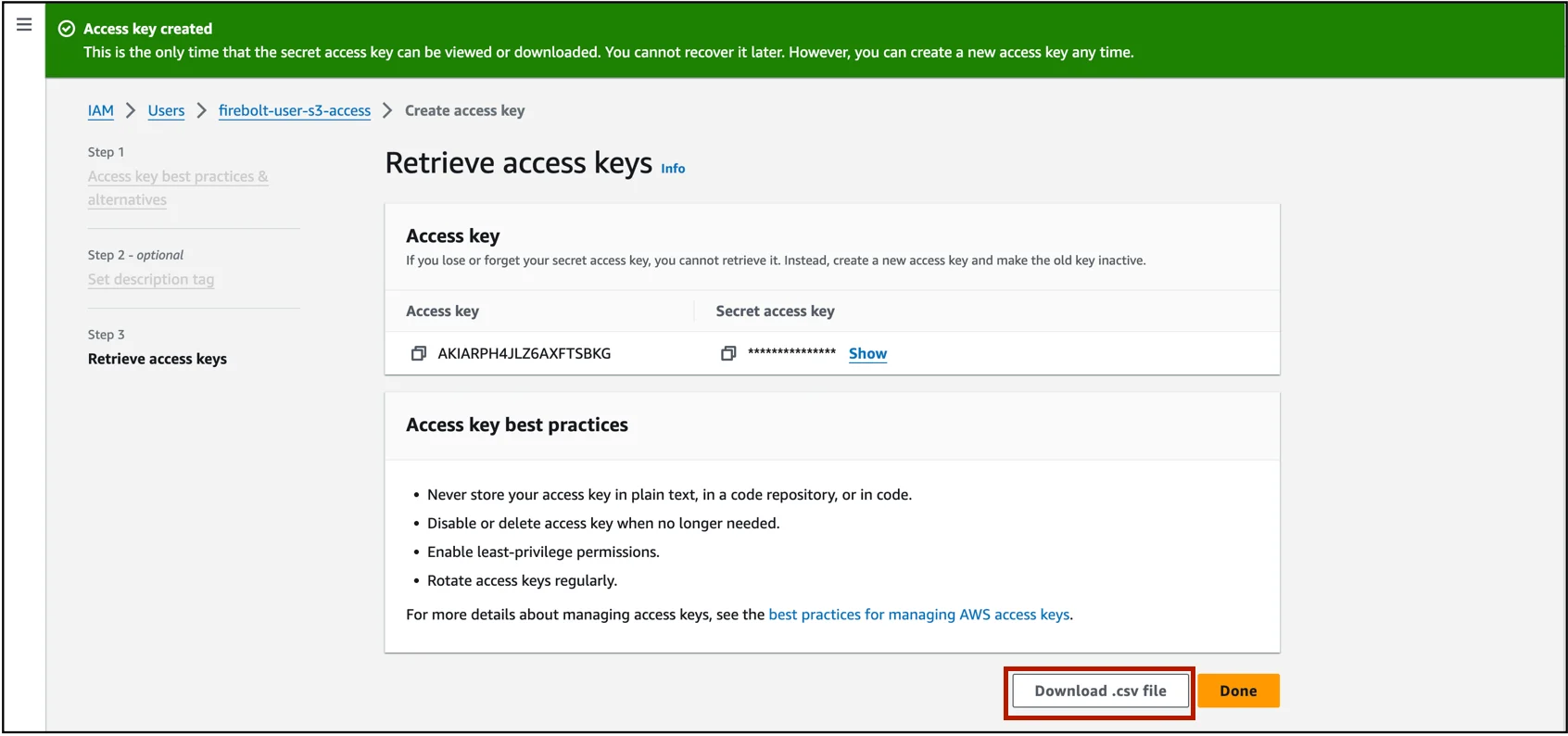 Access Key created successfully