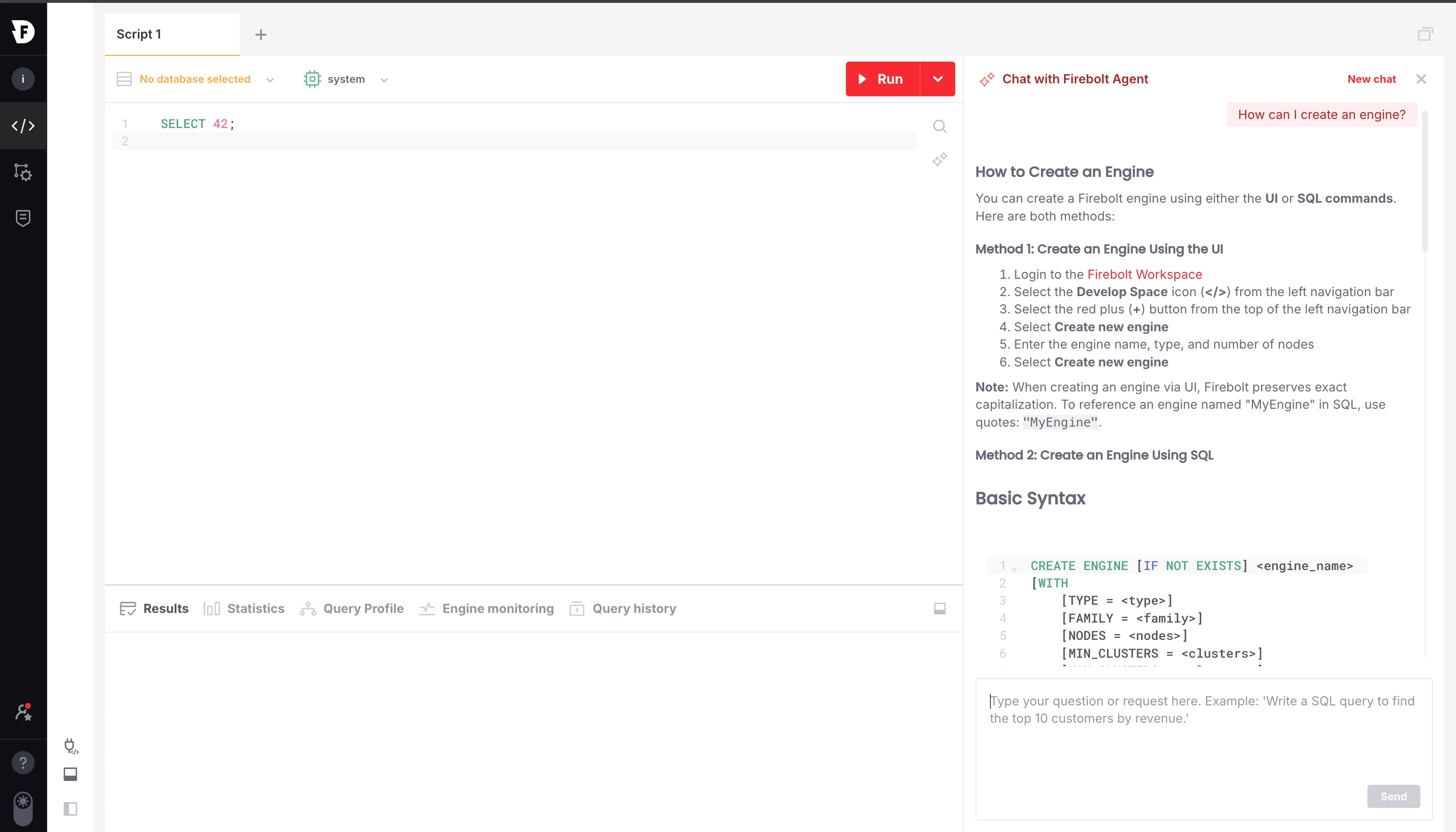 Chat panel showing a conversation with the Firebolt Agent about creating an engine.