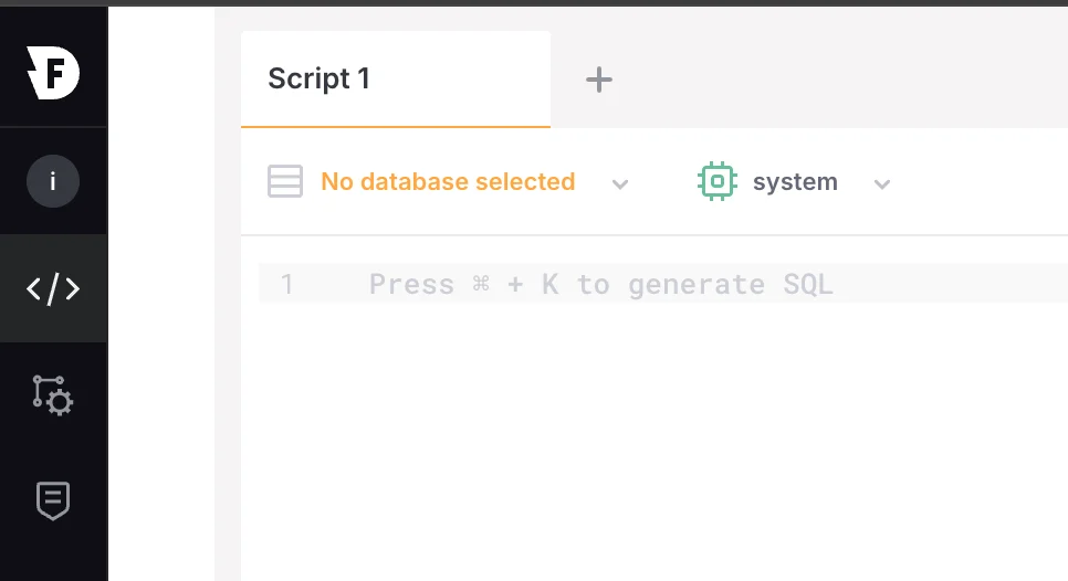 Query editor showing the Cmd+K hint to generate SQL.