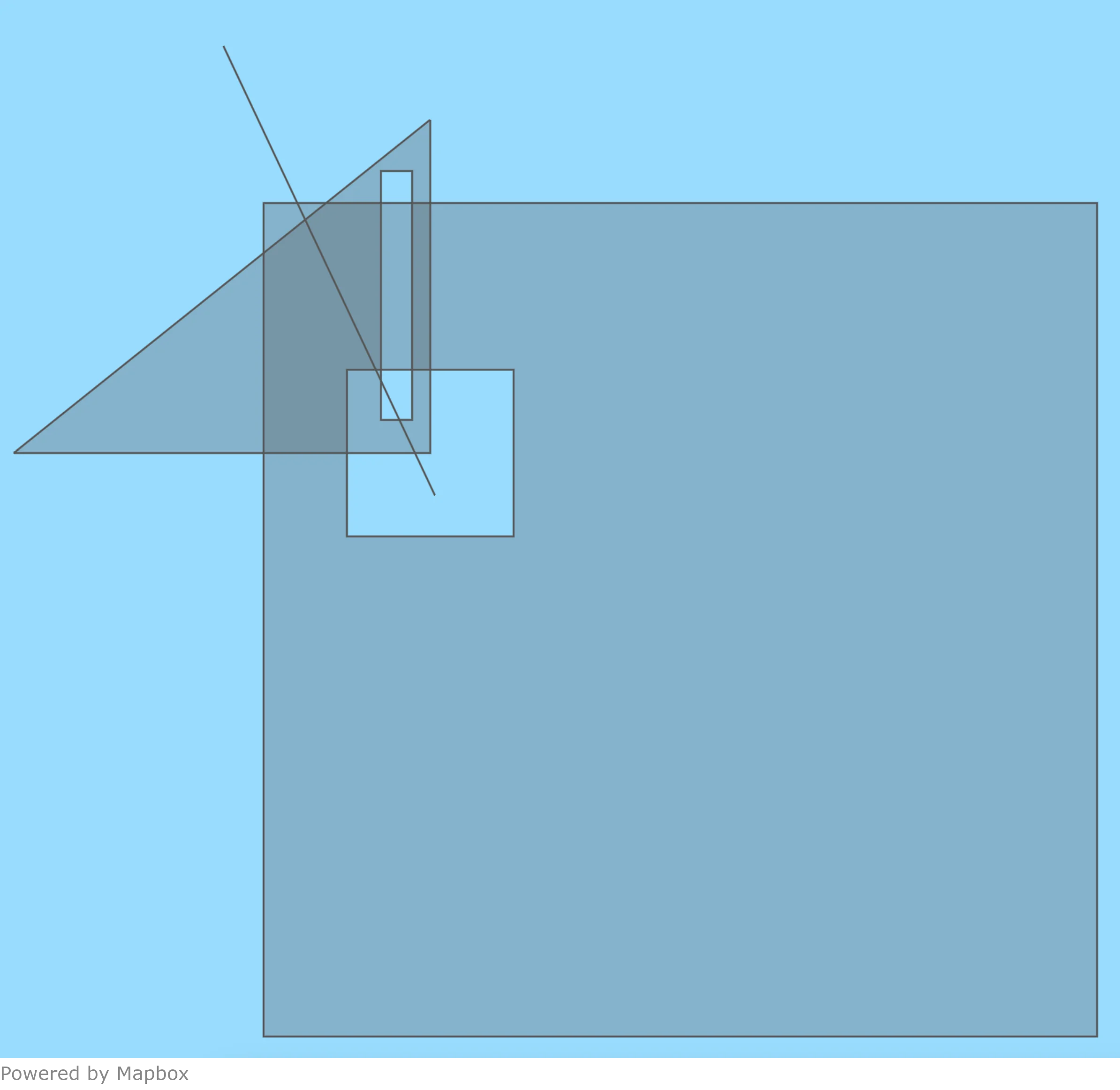Overlapping Polygons with holes and a LineString crossing through them.