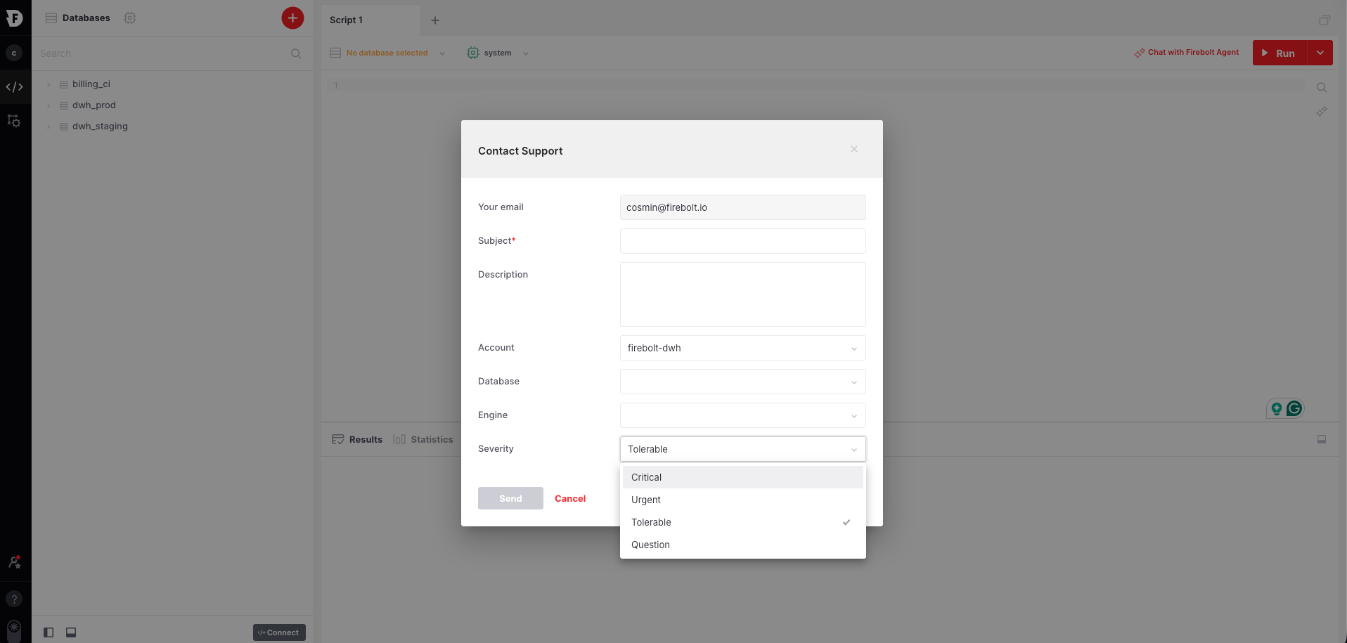 Severity dropdown in Contact Support window