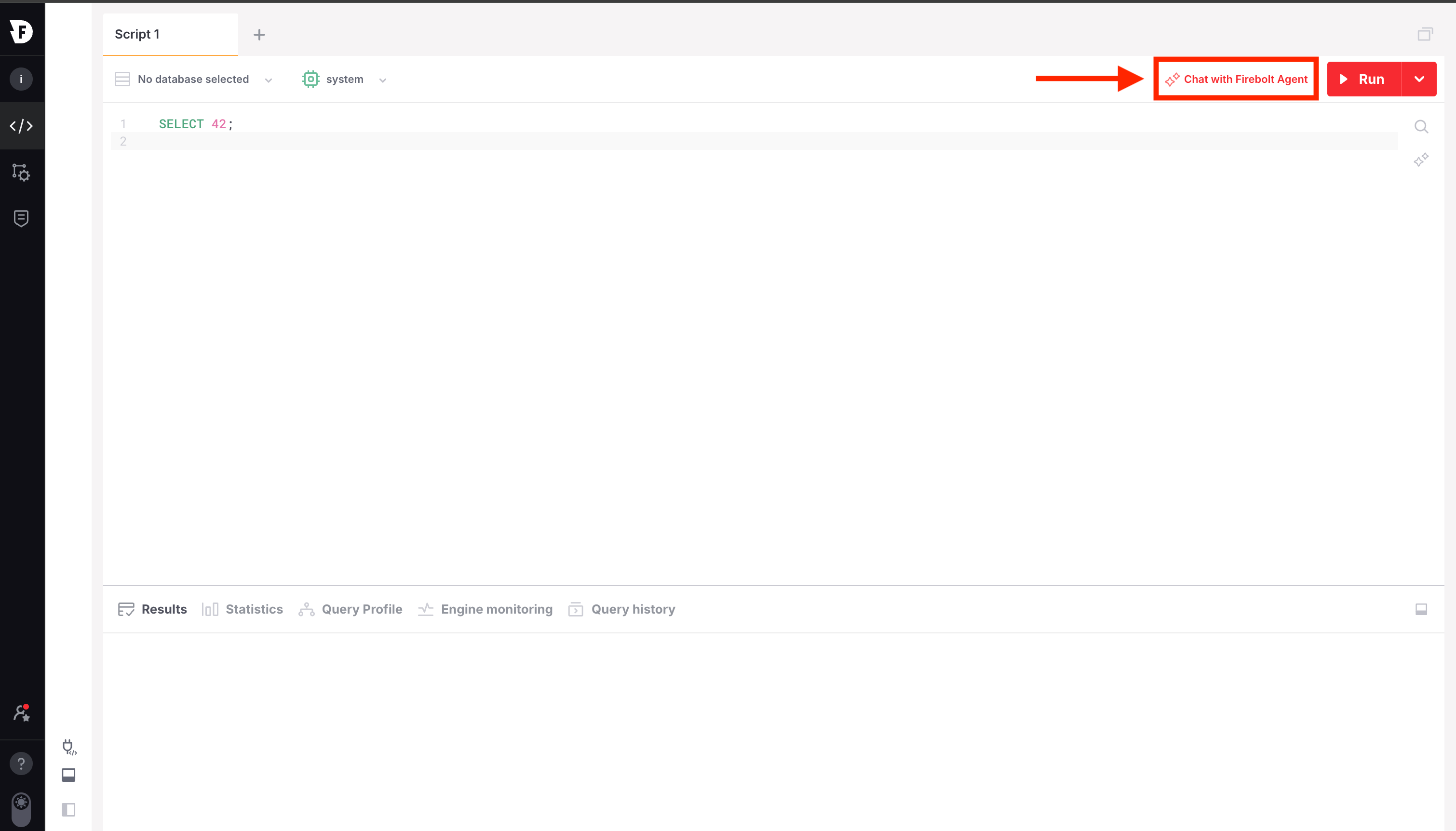 Query editor toolbar with the Chat with Firebolt Agent button highlighted.