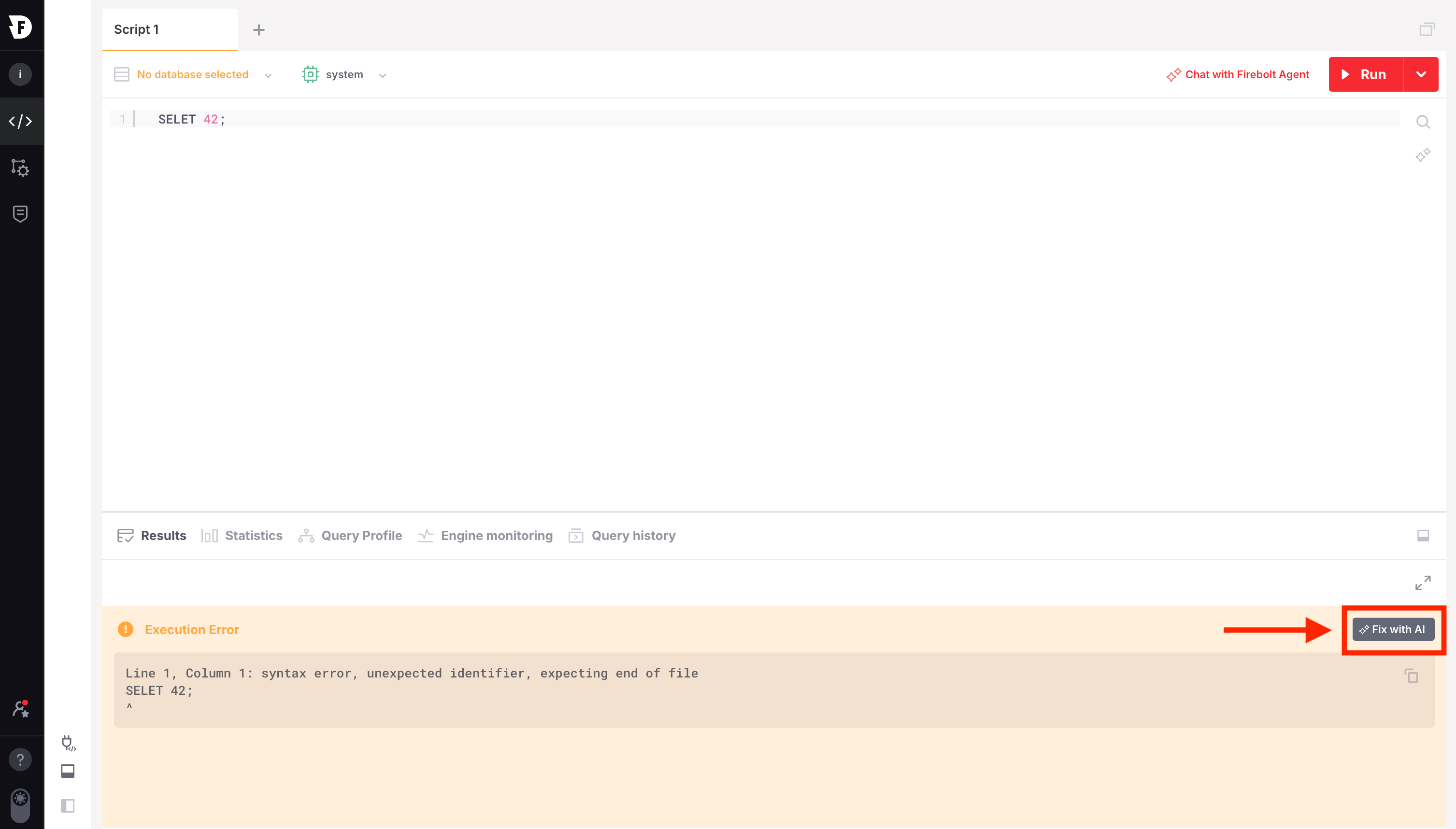A failed query with the Fix with AI button next to the error message.