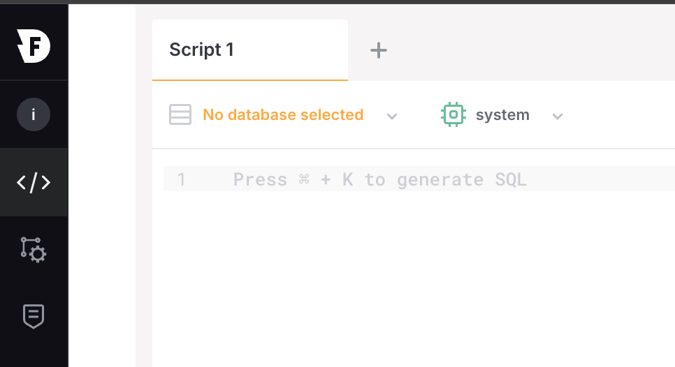 Query editor showing the Cmd+K hint to generate SQL.