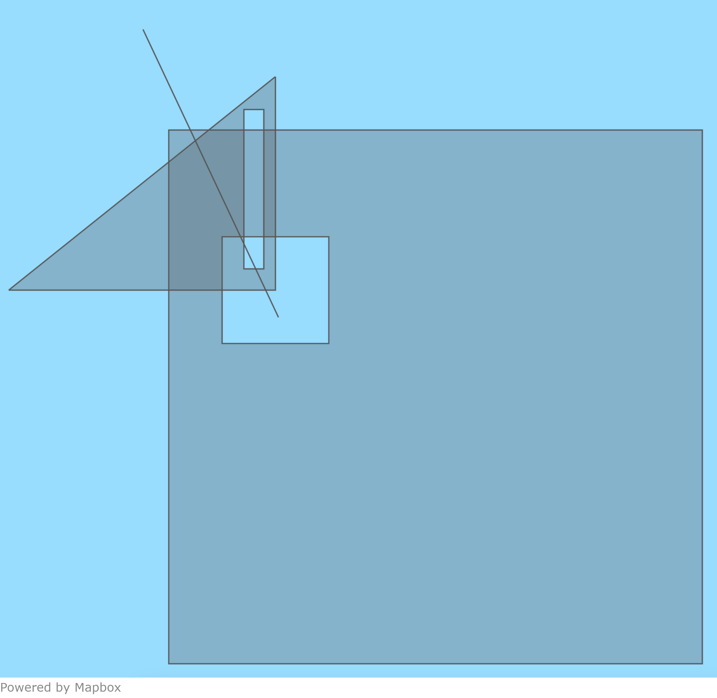 Overlapping Polygons with holes and a LineString crossing through them.