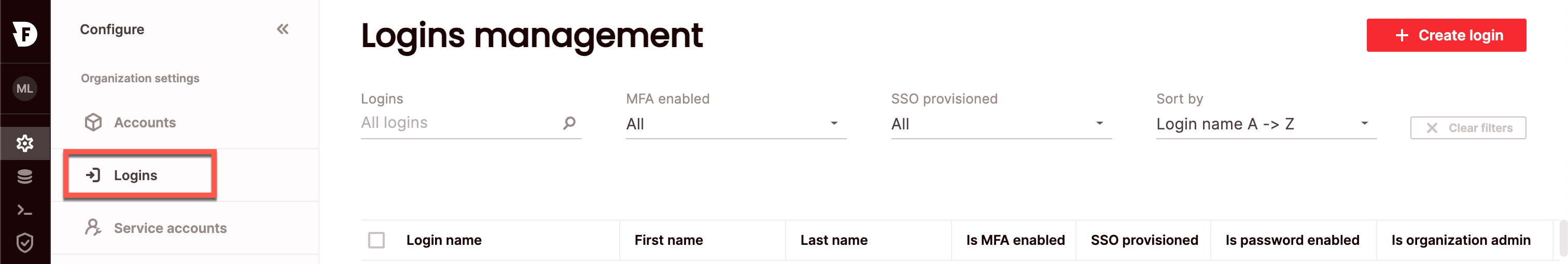 Configure > Logins