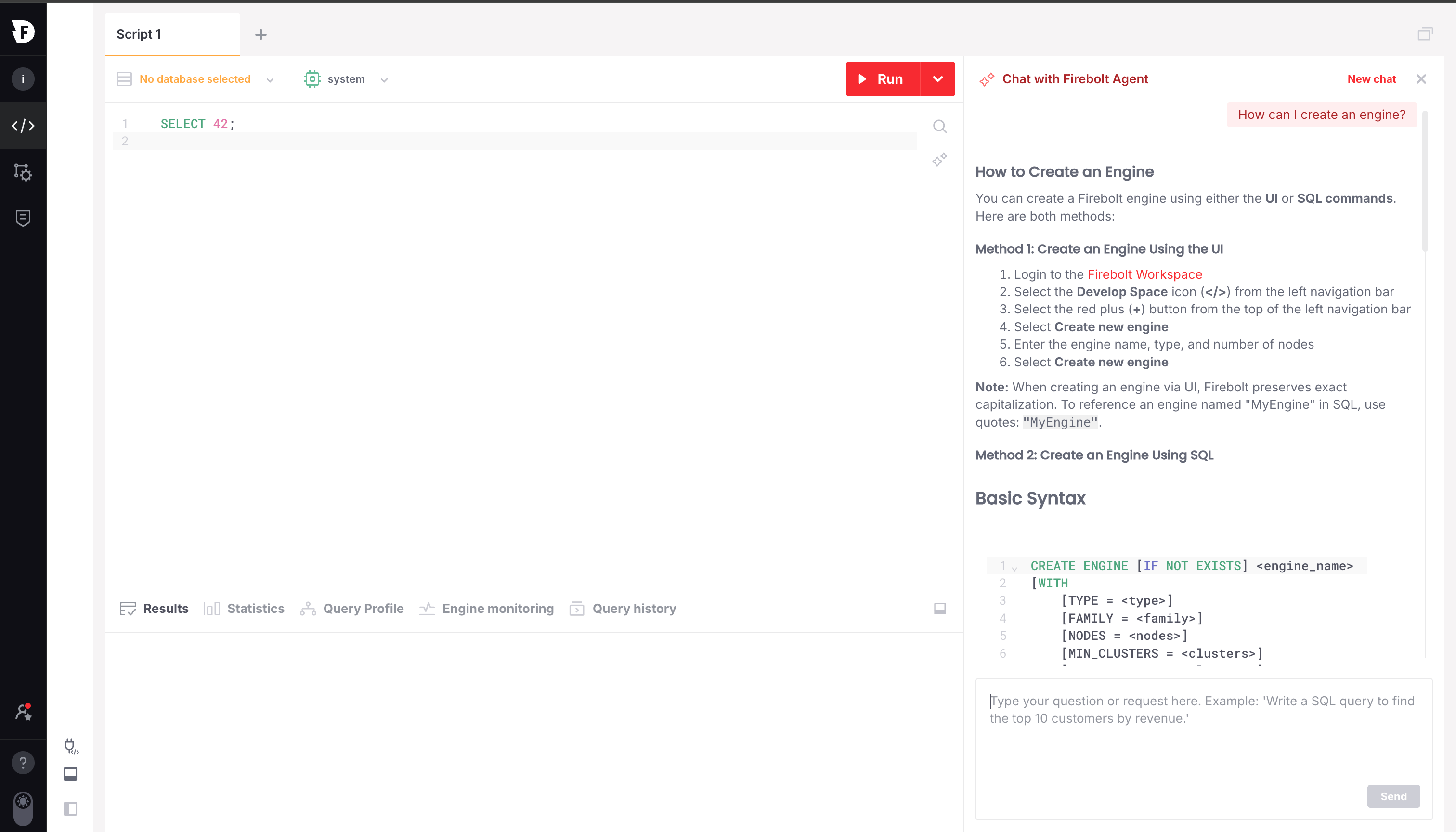 Chat panel showing a conversation with the Firebolt Agent about creating an engine.