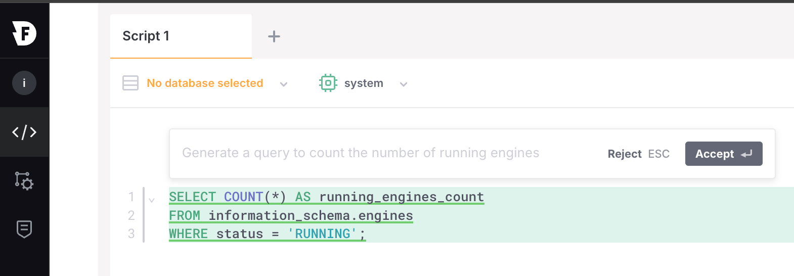 Inline SQL generation showing a generated query with Accept and Reject options.