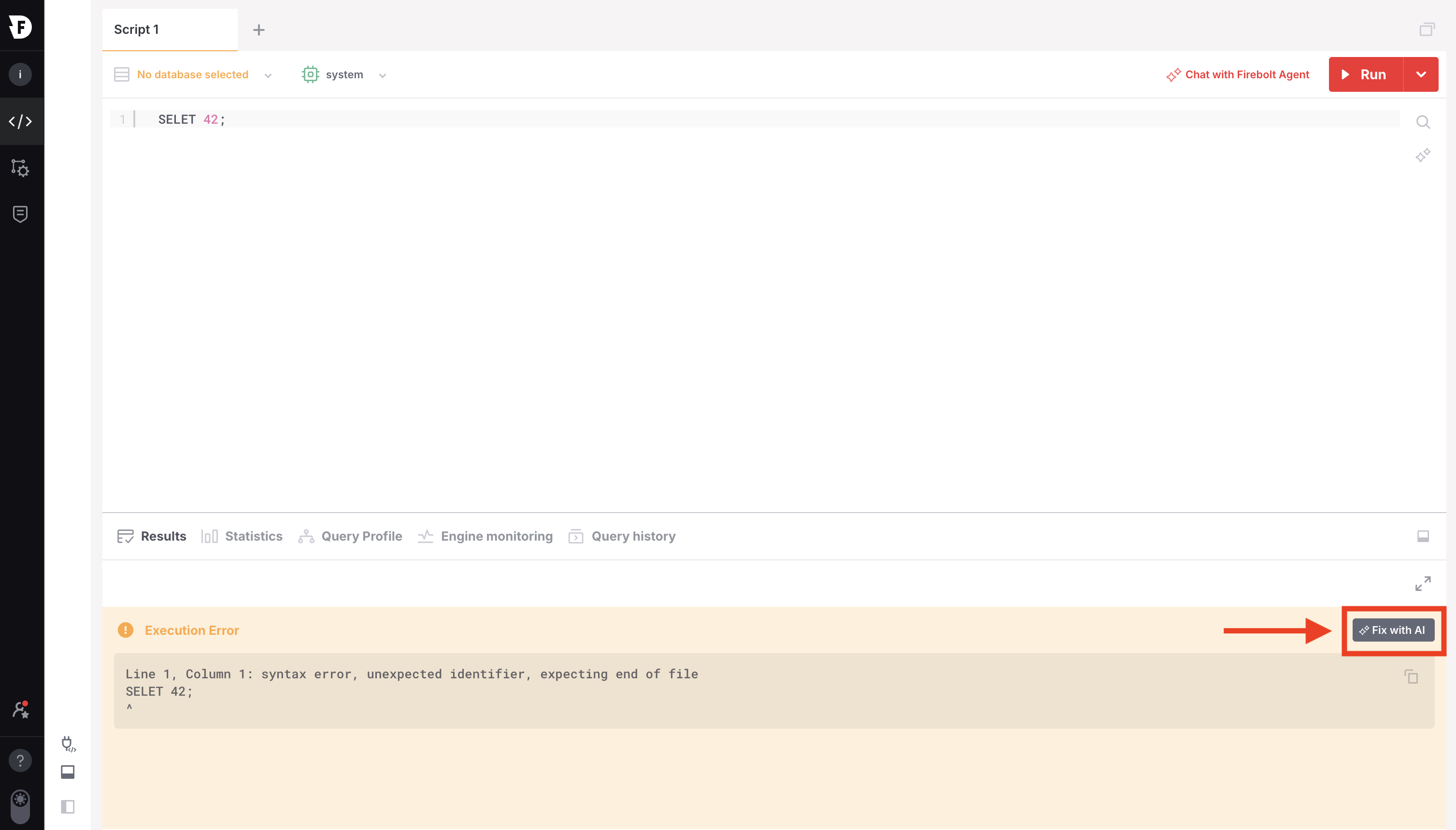 A failed query with the Fix with AI button next to the error message.