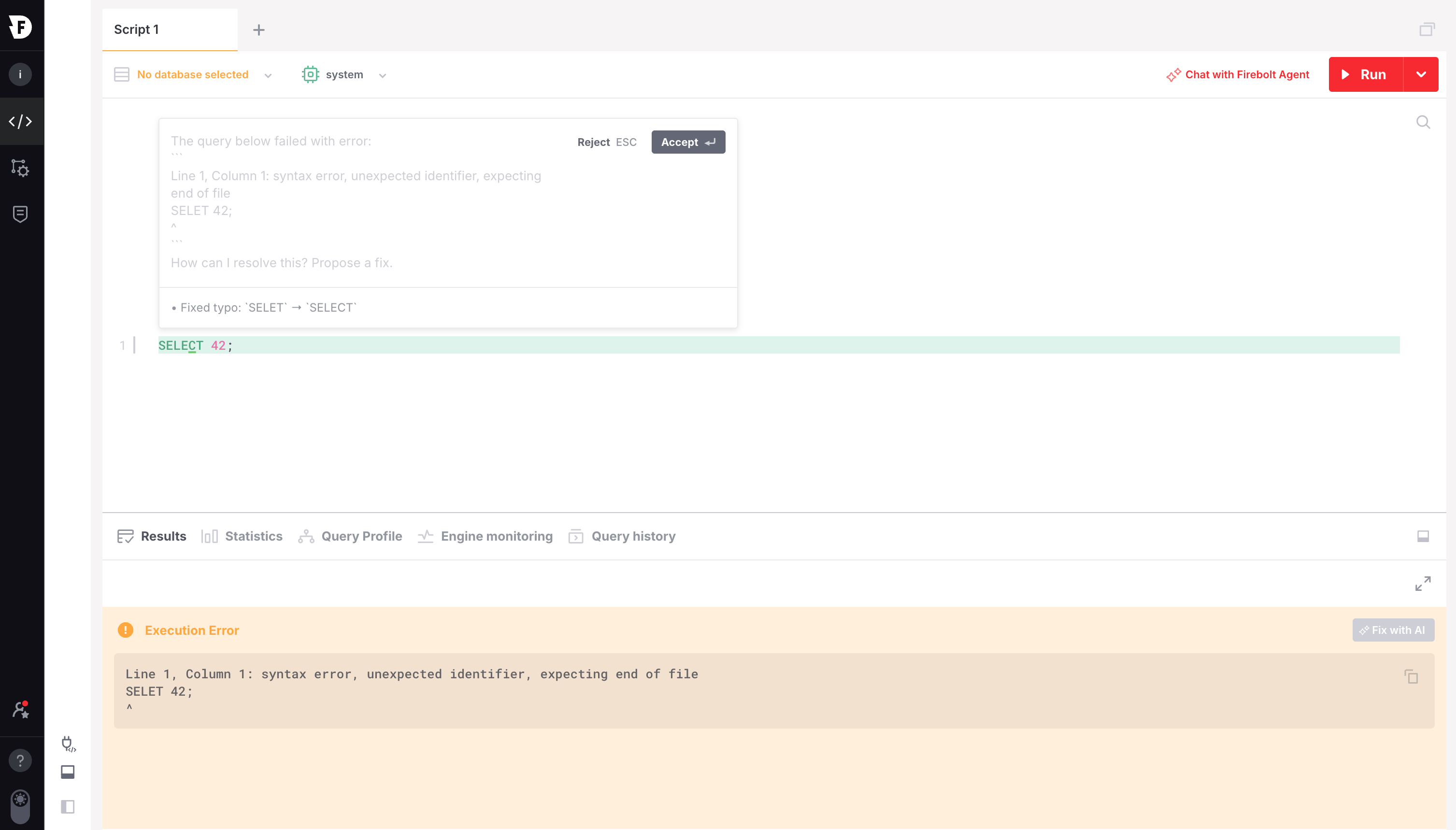 AI fix suggestion showing the corrected query with Accept and Reject options.