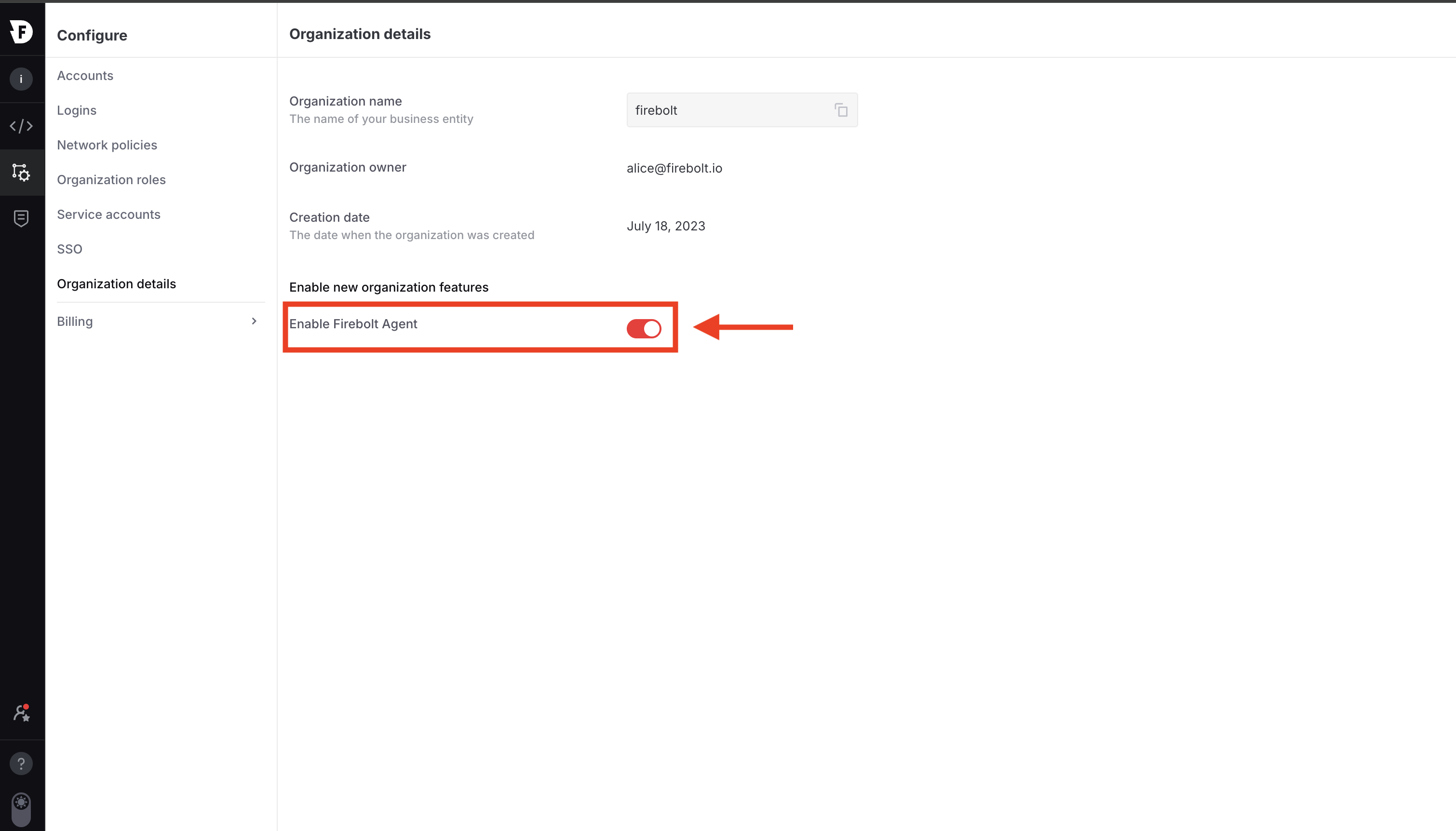 Organization Settings page showing the Enable Firebolt Agent toggle under Enable new organization features.
