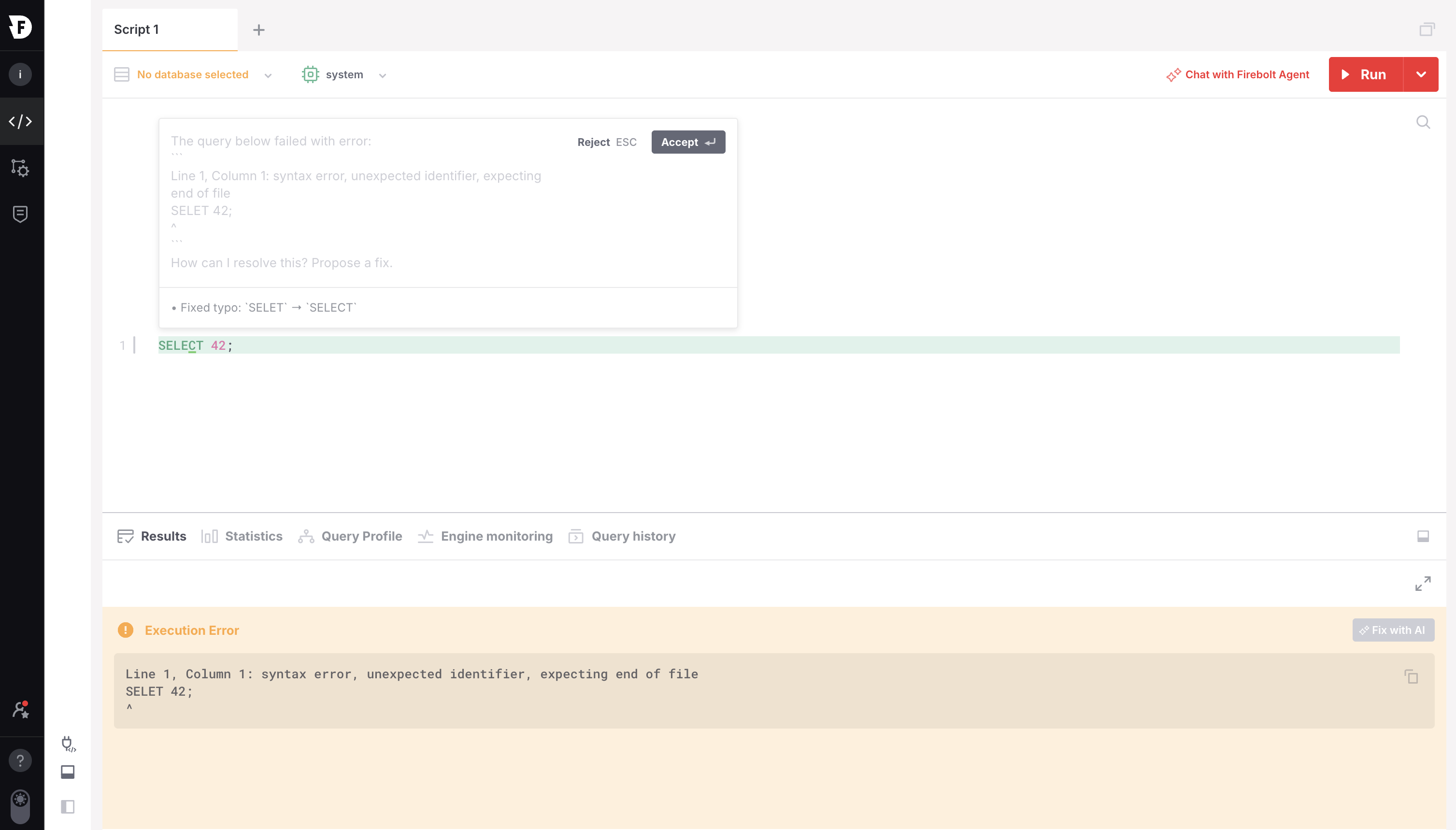 AI fix suggestion showing the corrected query with Accept and Reject options.
