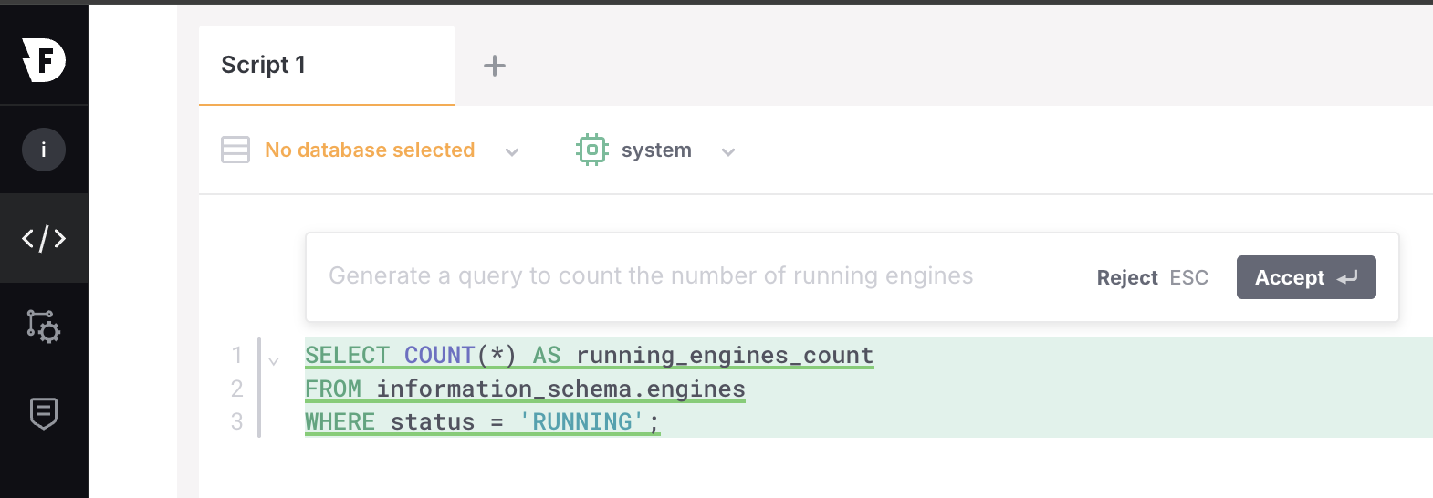 Inline SQL generation showing a generated query with Accept and Reject options.