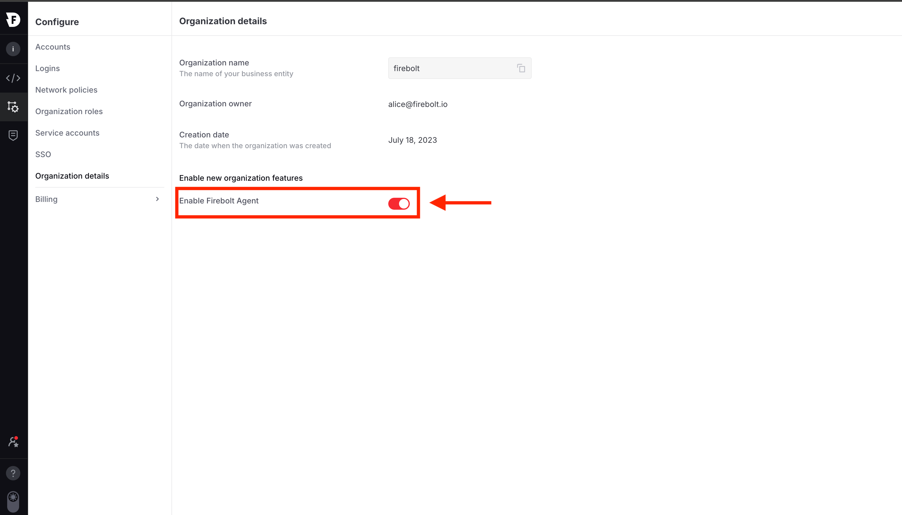 Organization Settings page showing the Enable Firebolt Agent toggle under Enable new organization features.