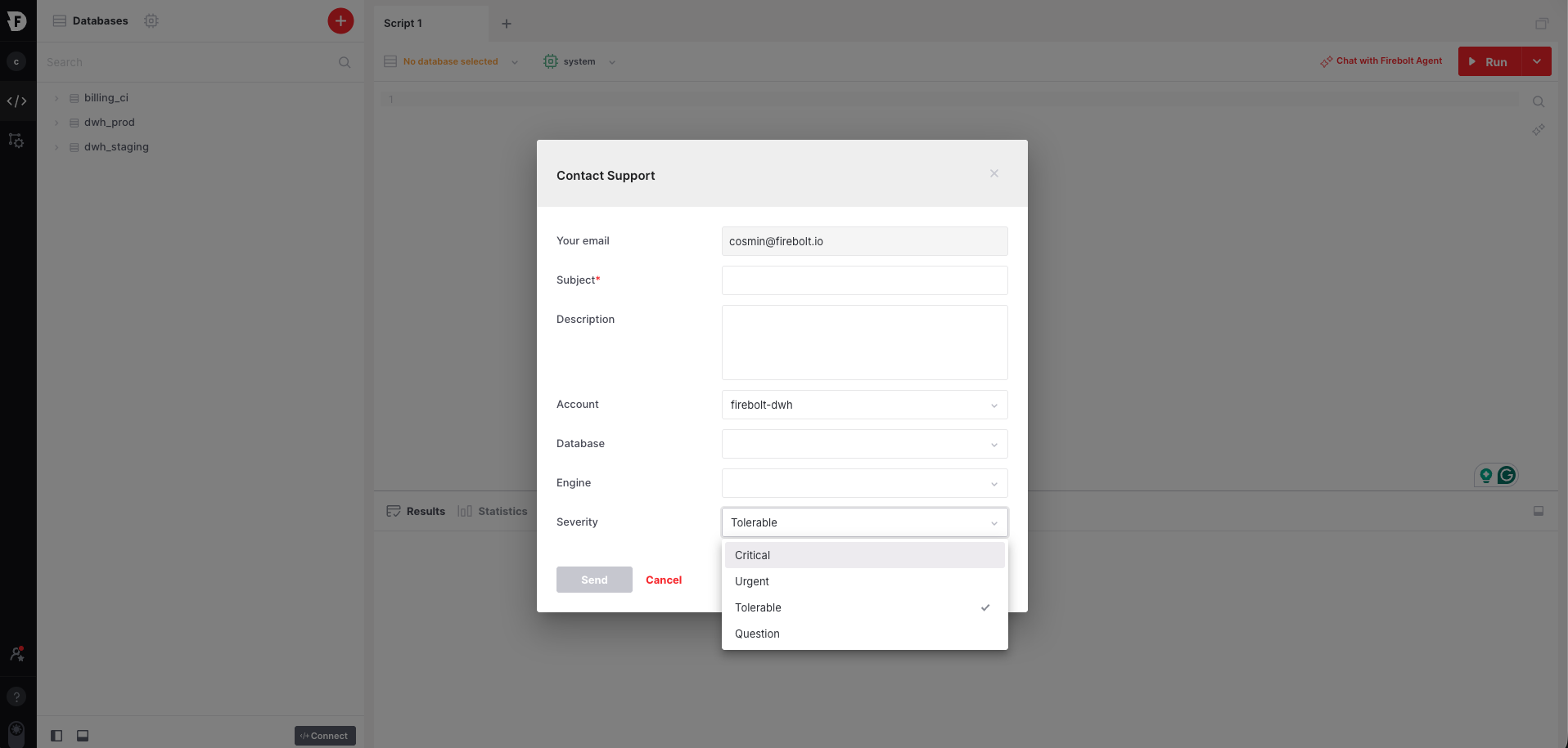 Severity dropdown in Contact Support window