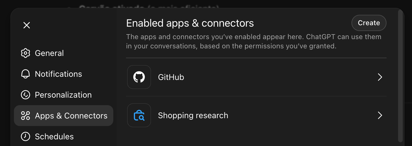 Aba Apps & Connectors com o botão Create em destaque