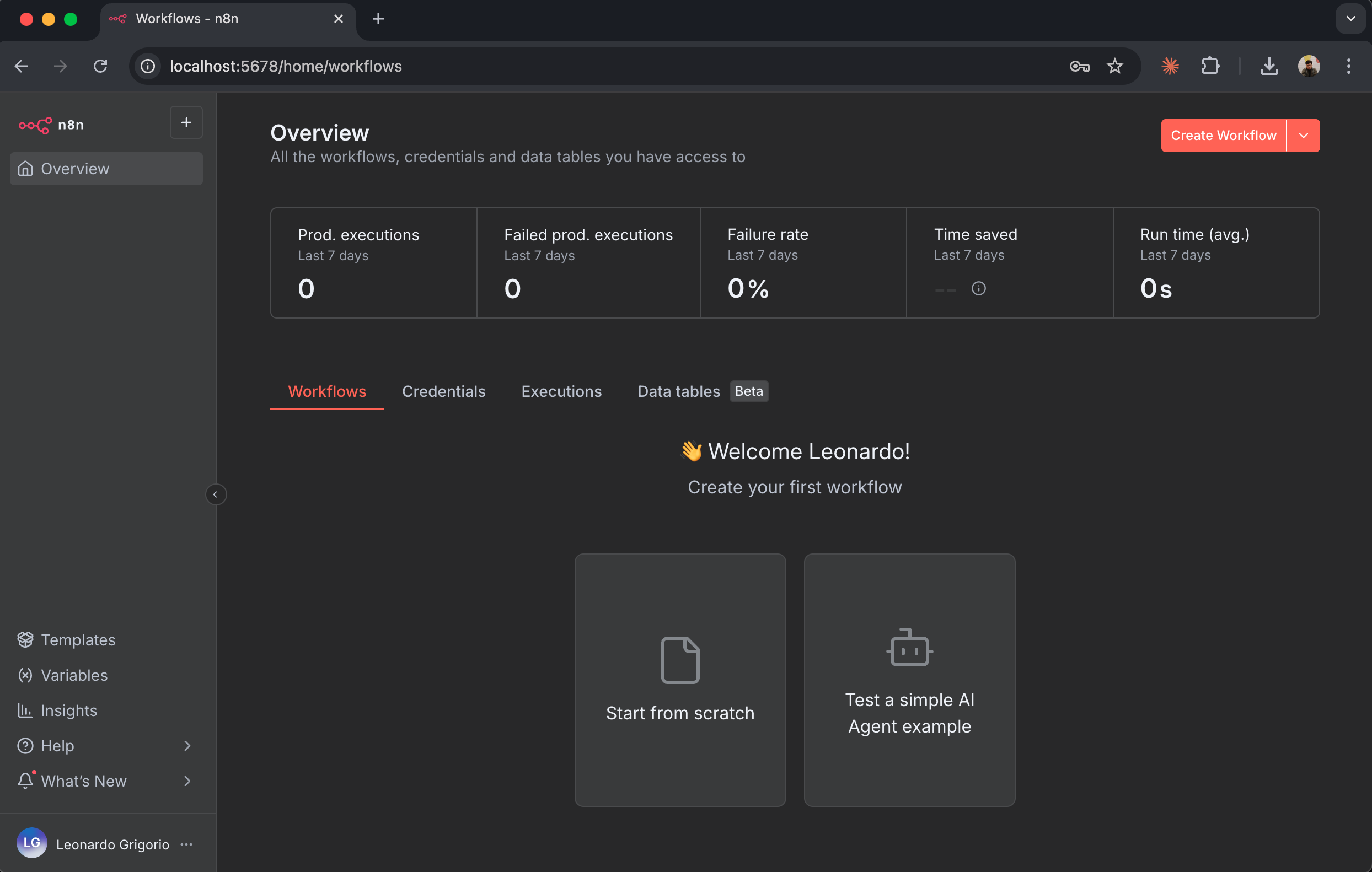 tableau de bord n8n affichant la liste des workflows avec le bouton « Create new workflow »