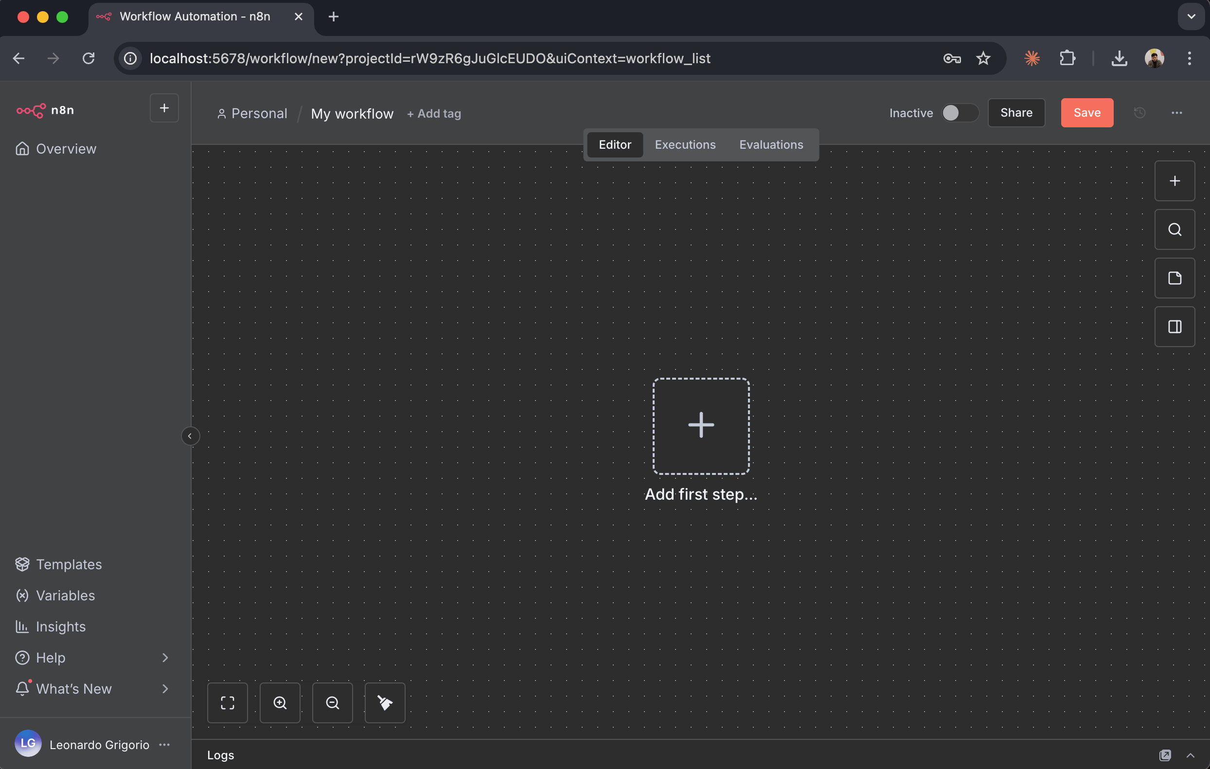 Empty n8n workflow canvas with the "+" button visible in the center