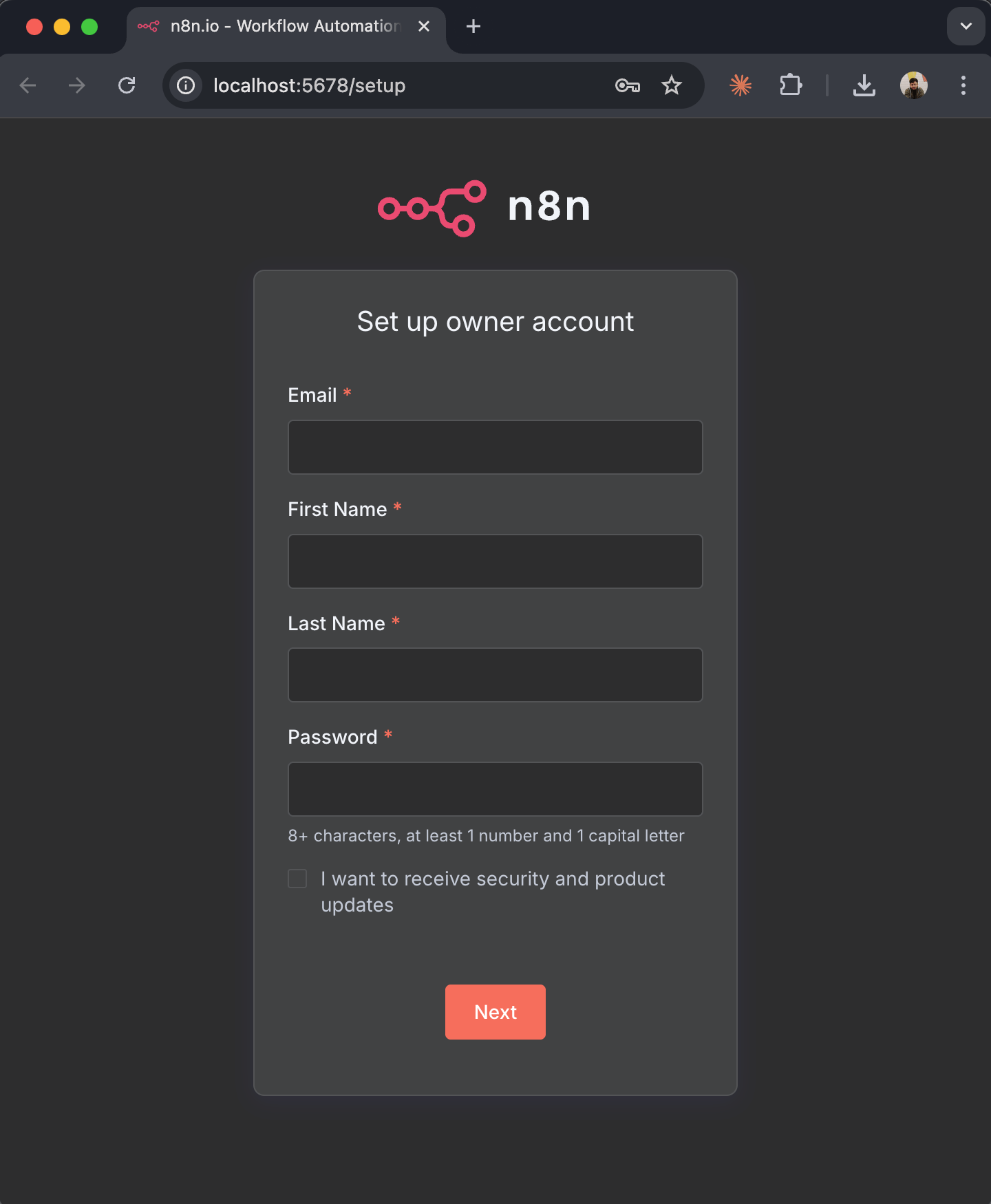 n8n self-hosted welcome screen at localhost:5678