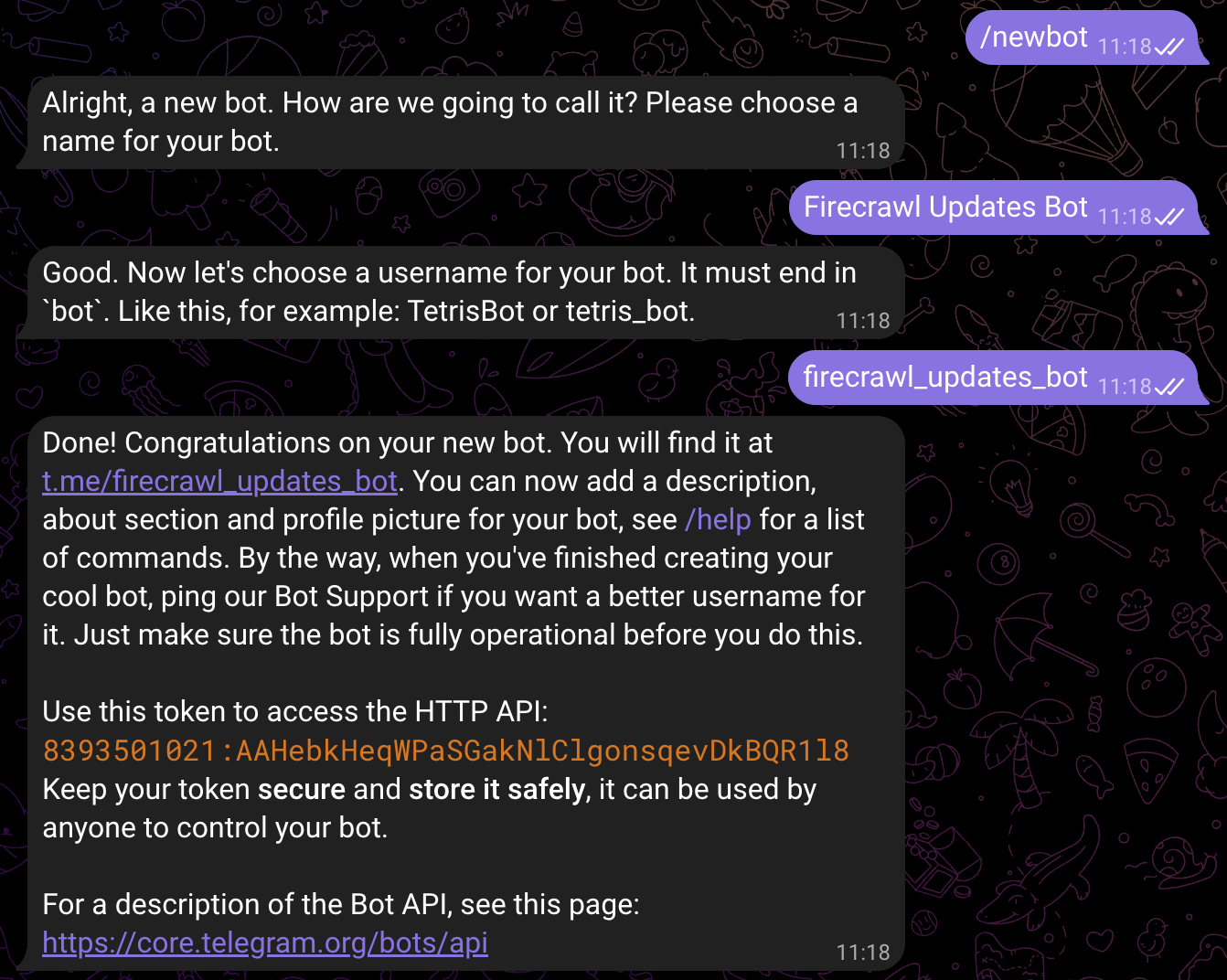 Creating a bot with BotFather, showing the full conversation flow