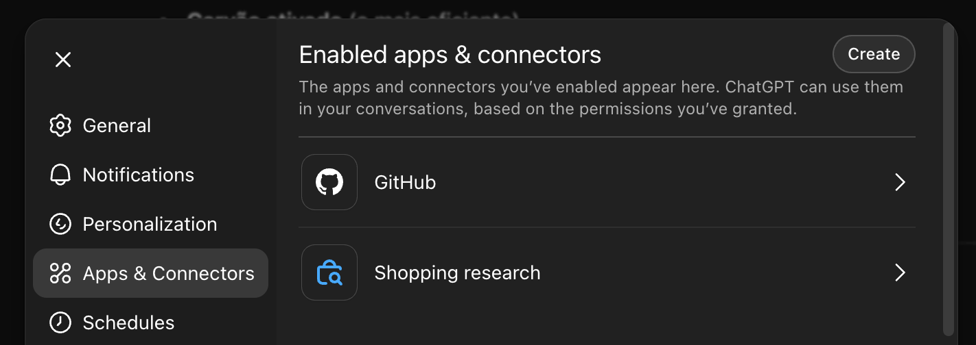 Apps & Connectors tab with Create button highlighted
