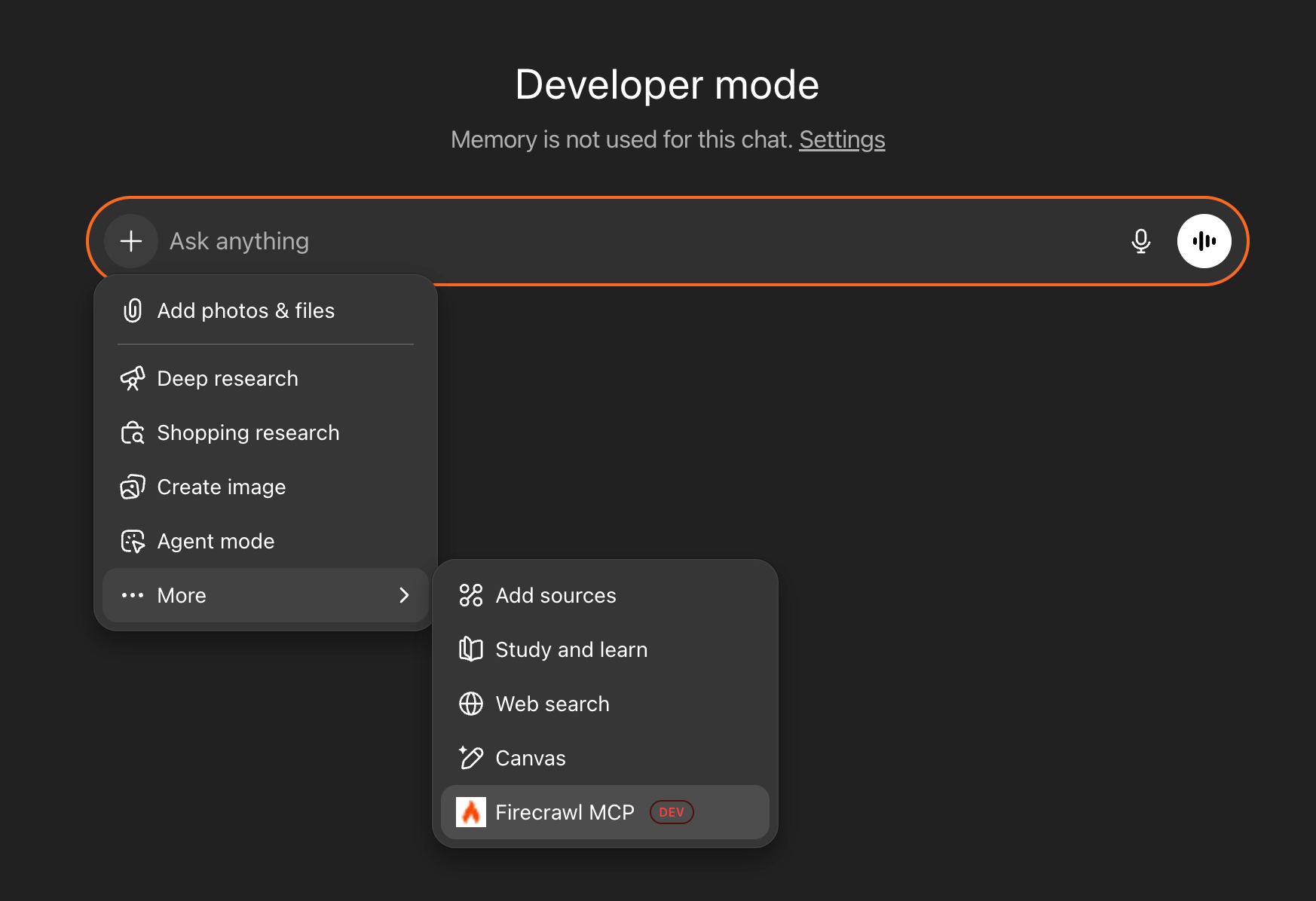 ChatGPT chat input showing + menu expanded with More submenu and Firecrawl MCP option