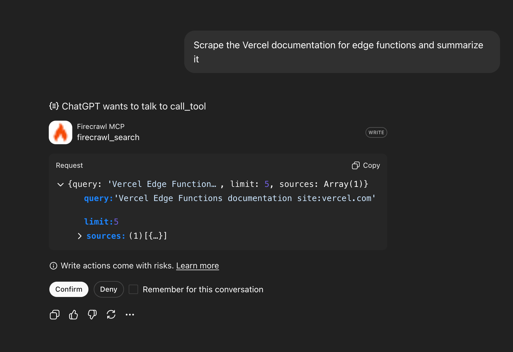 ChatGPT tool confirmation dialog showing Firecrawl MCP request