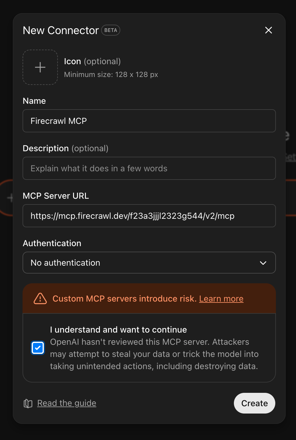 Nouveau formulaire de connecteur rempli avec les détails de Firecrawl MCP
