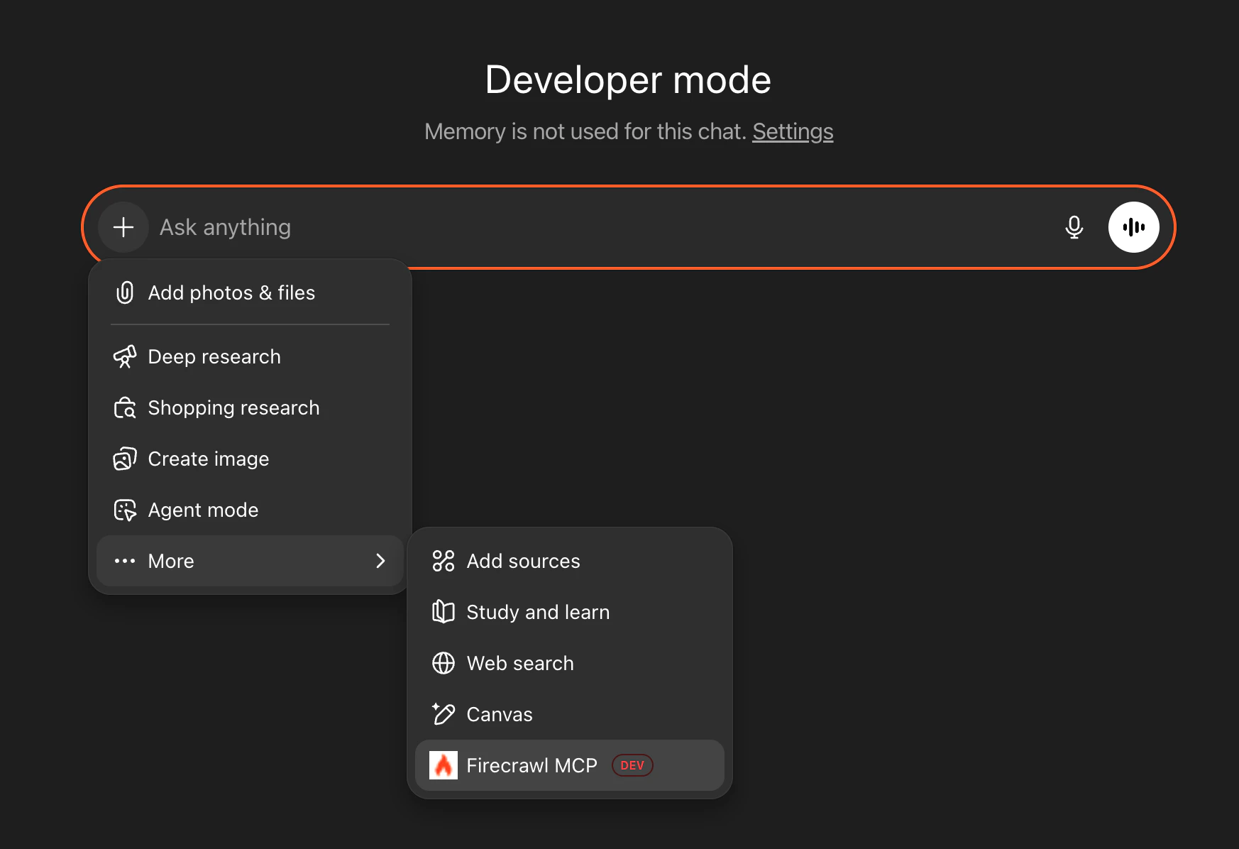 ChatGPT chat input showing + menu expanded with More submenu and Firecrawl MCP option