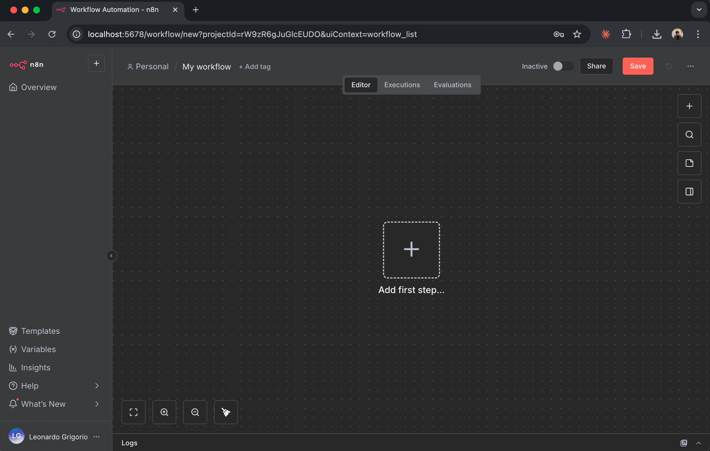 Empty n8n workflow canvas with the "+" button visible in the center