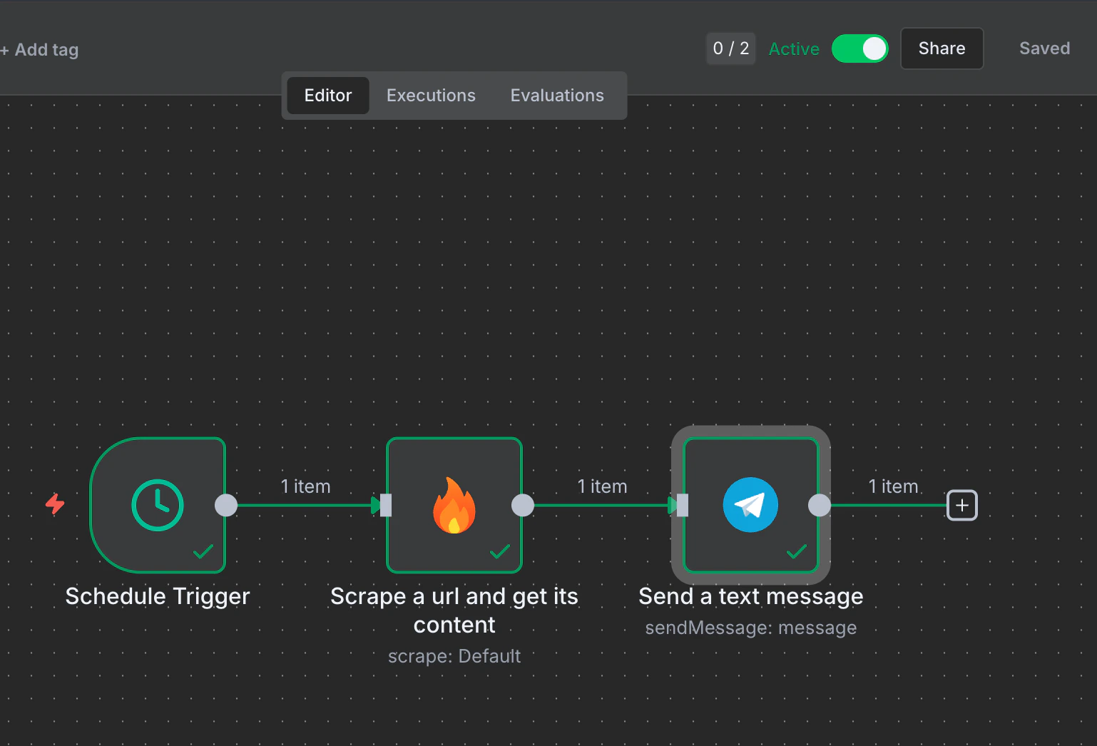 Complete workflow showing Schedule Trigger → Firecrawl → Telegram with all nodes connected