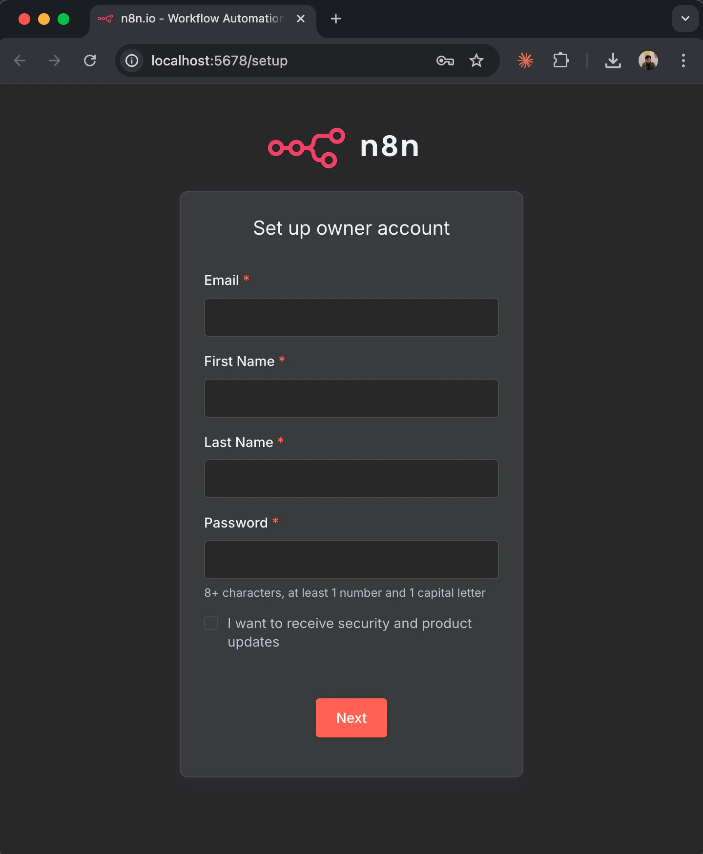 n8n self-hosted welcome screen at localhost:5678