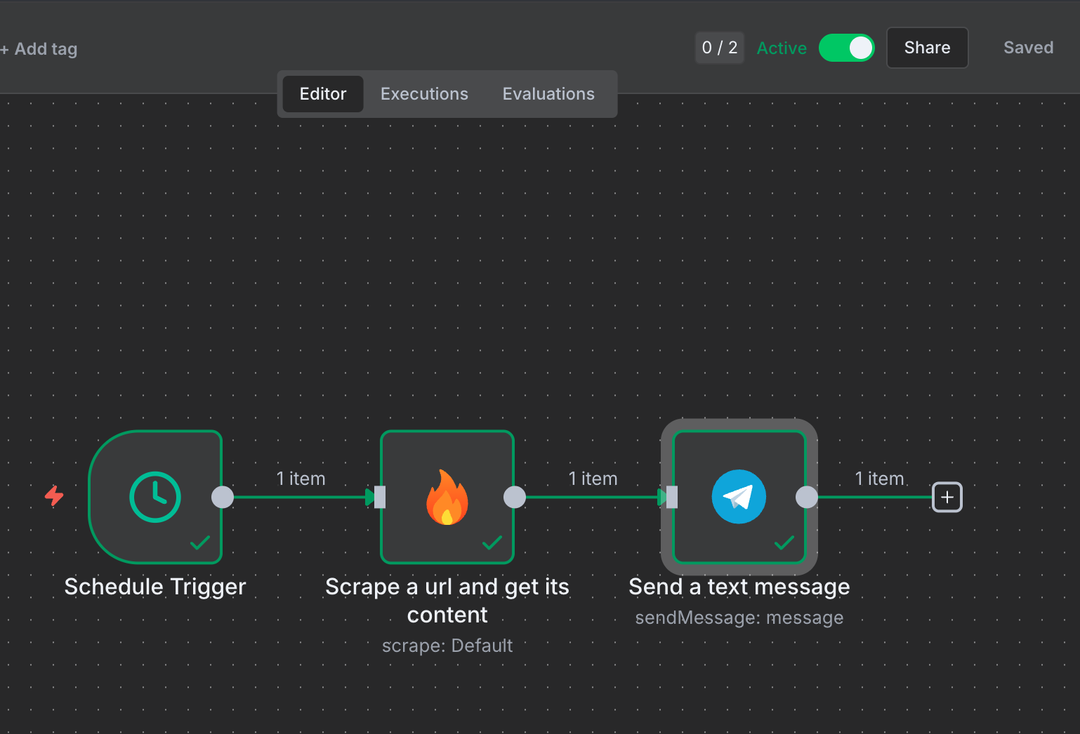 Complete workflow showing Schedule Trigger → Firecrawl → Telegram with all nodes connected