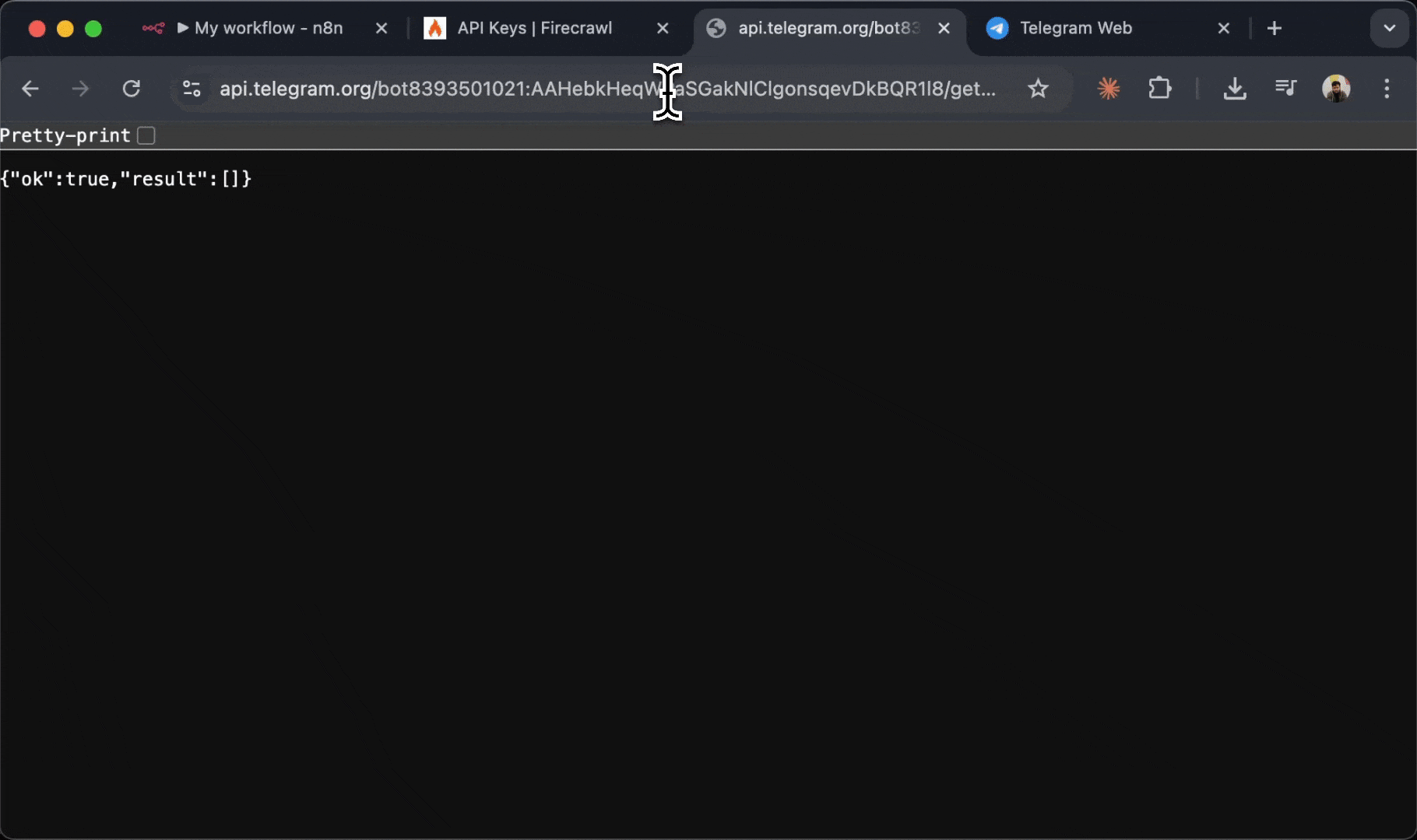 Browser showing Telegram API getUpdates response with chat ID highlighted