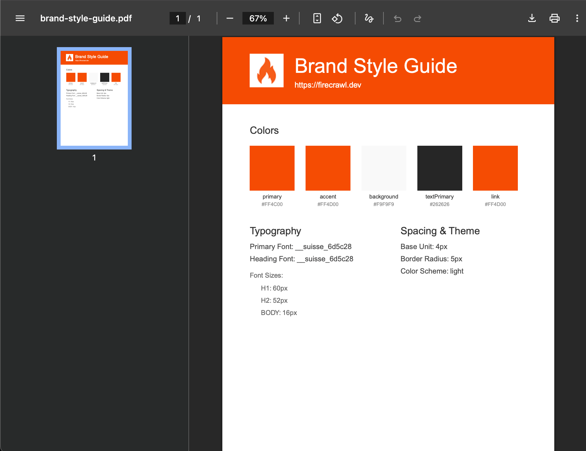 Example of generated brand style guide PDF with colors typography and spacing