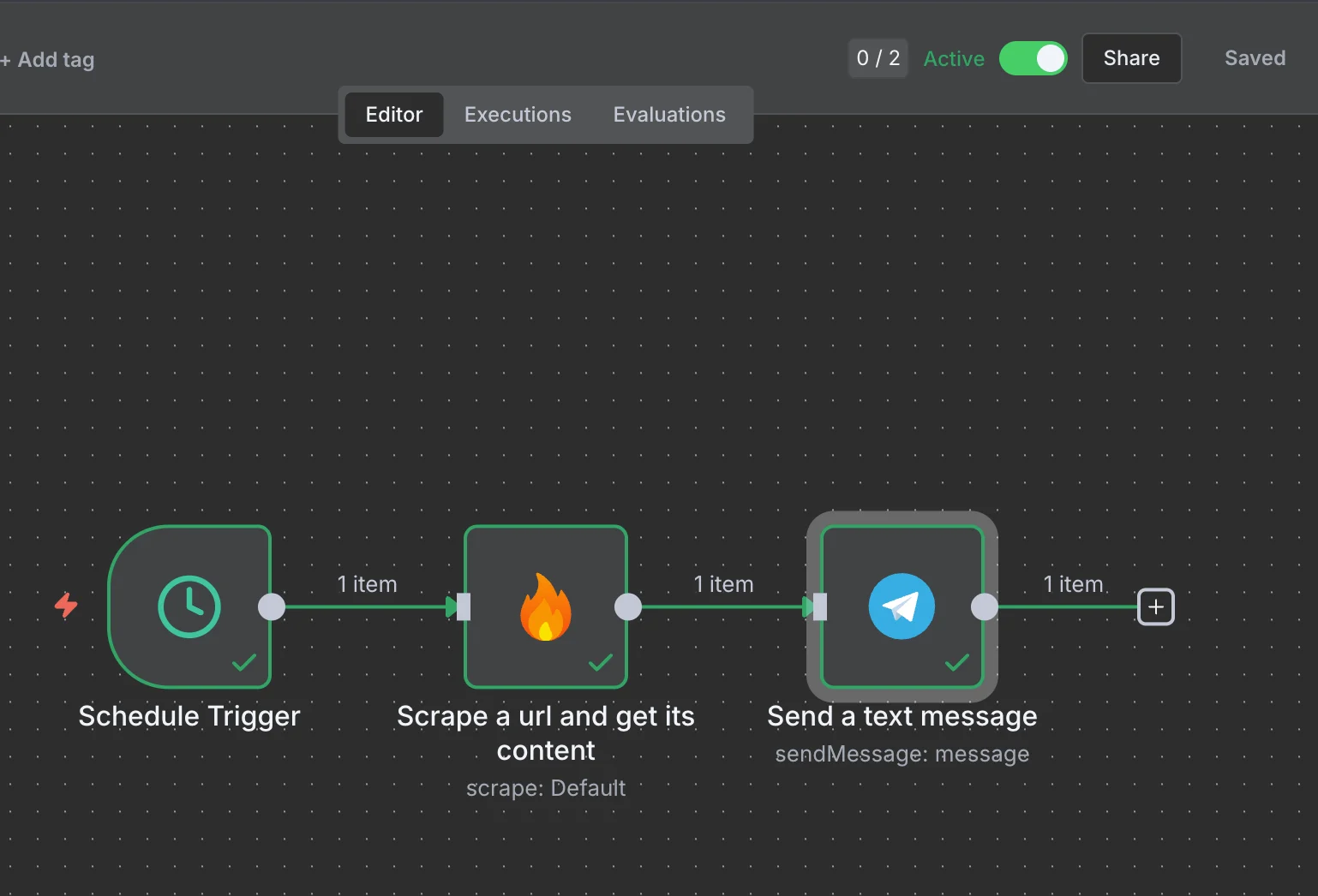 Complete workflow showing Schedule Trigger → Firecrawl → Telegram with all nodes connected