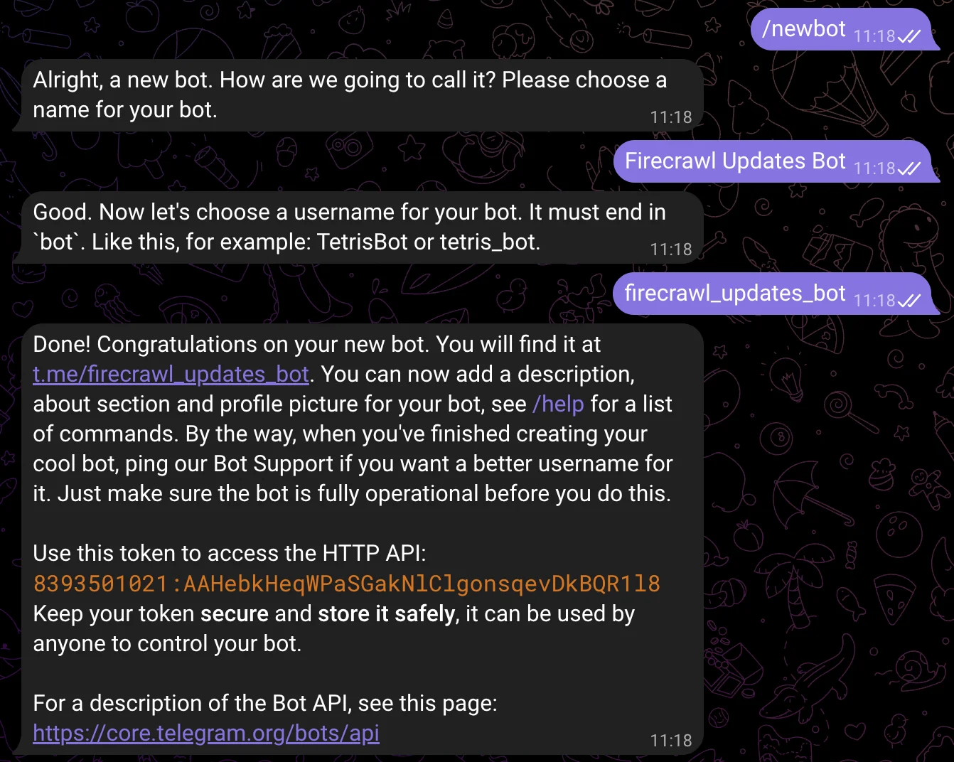 Creating a bot with BotFather, showing the full conversation flow