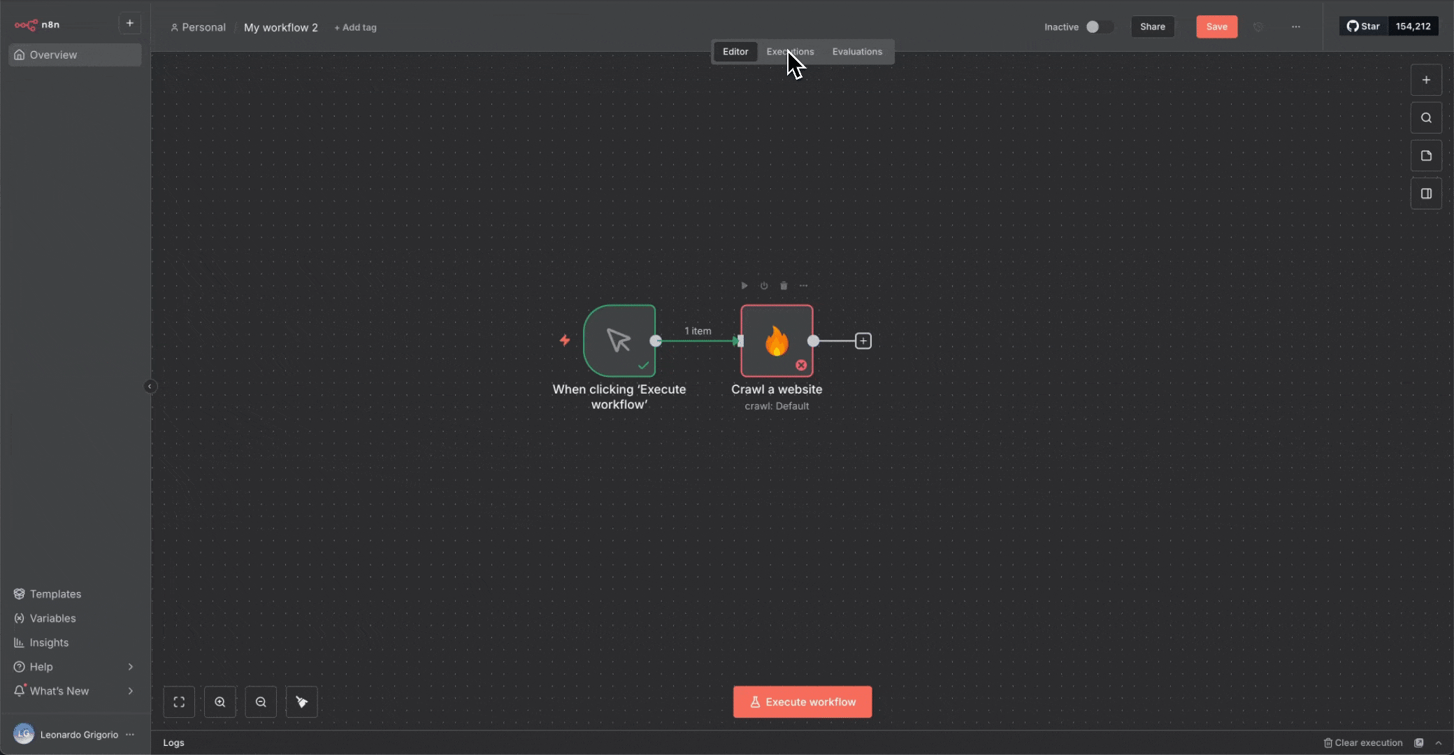 Executions tab showing workflow run history with timestamps and status