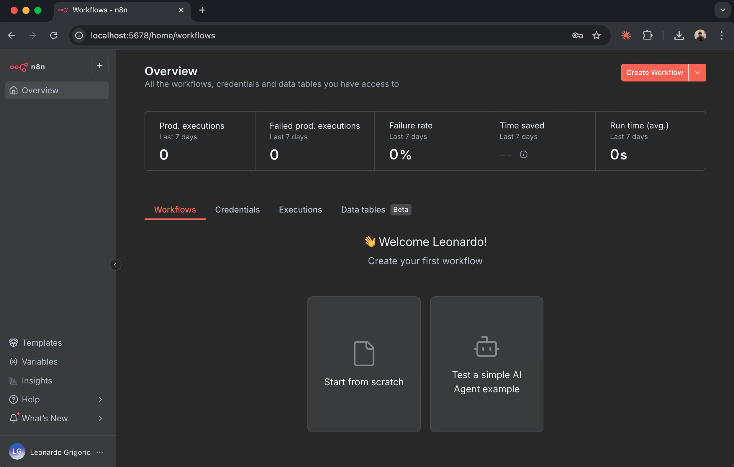 n8n 仪表盘显示包含“Create new workflow”按钮的工作流列表视图
