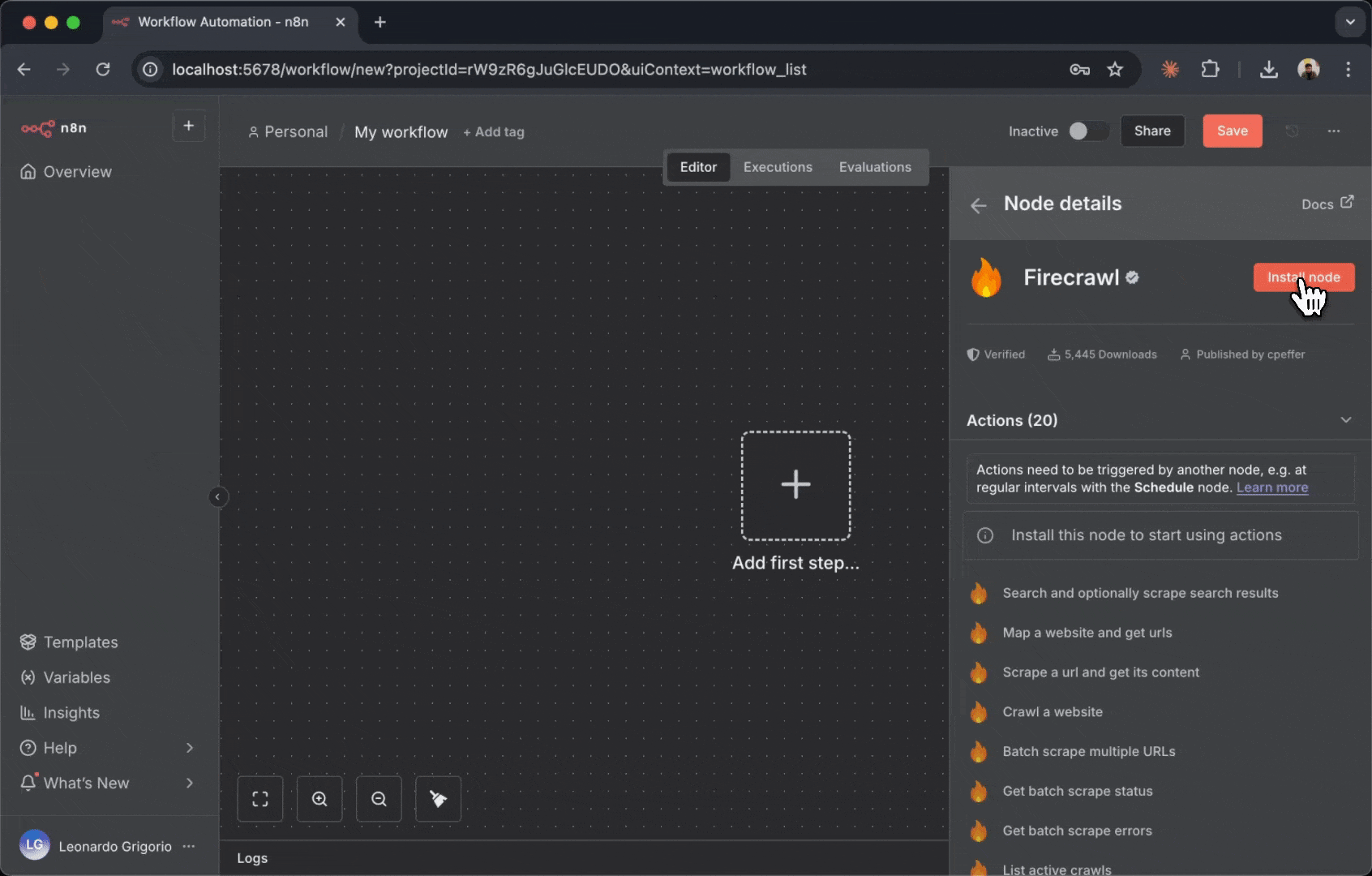 Firecrawl ノードがキャンバスに追加され、Firecrawl ロゴ付きのボックスとして表示されている様子