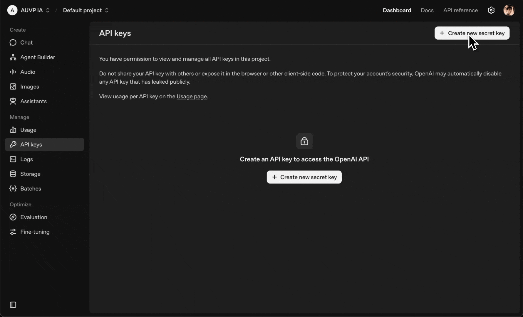 OpenAI ダッシュボードでの API キー作成