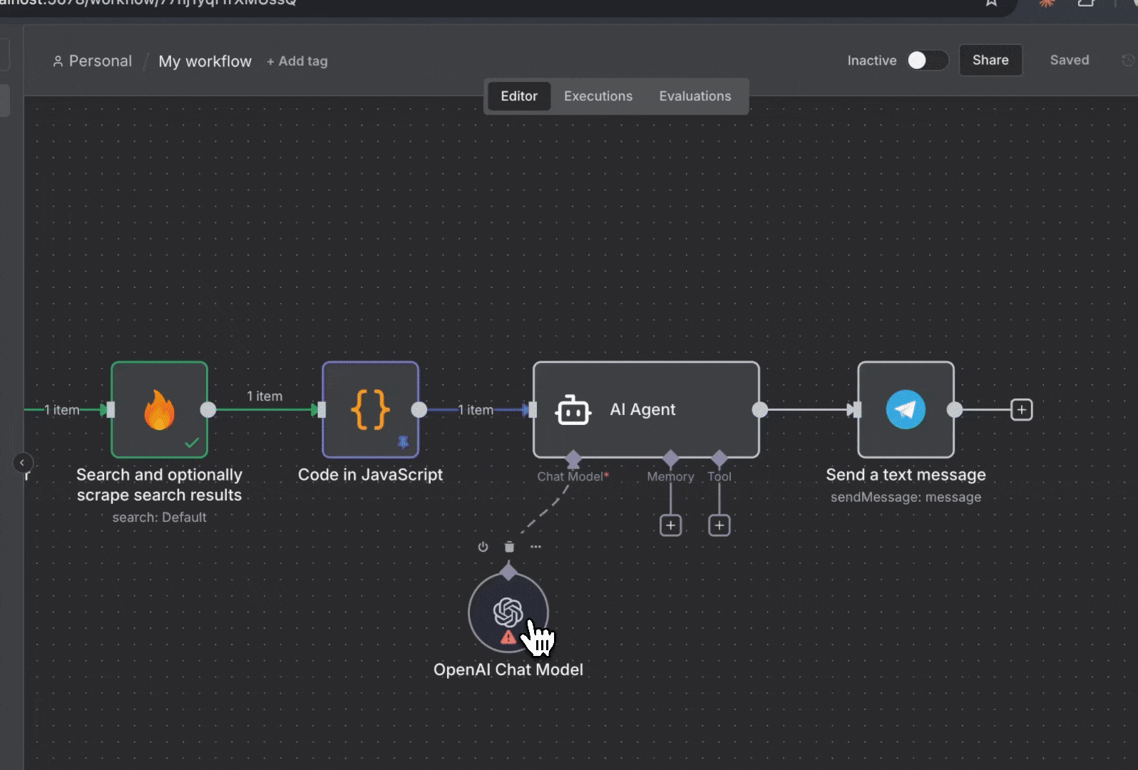 Añadiendo credenciales de OpenAI al nodo agente de IA