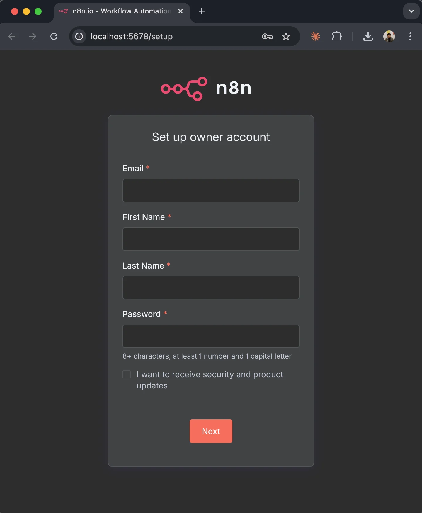 n8n self-hosted welcome screen at localhost:5678