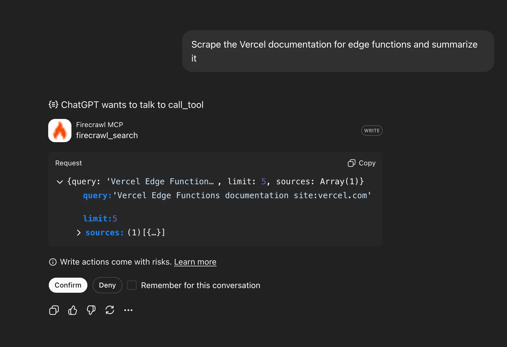 ChatGPT tool confirmation dialog showing Firecrawl MCP request