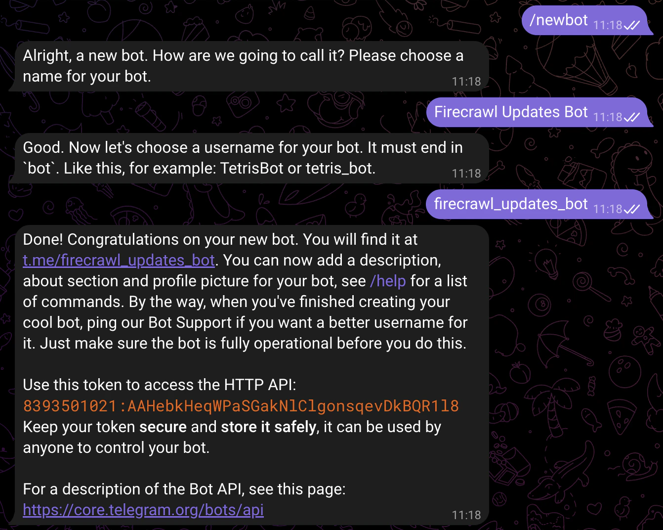 Creación de un bot con BotFather, mostrando todo el flujo de la conversación
