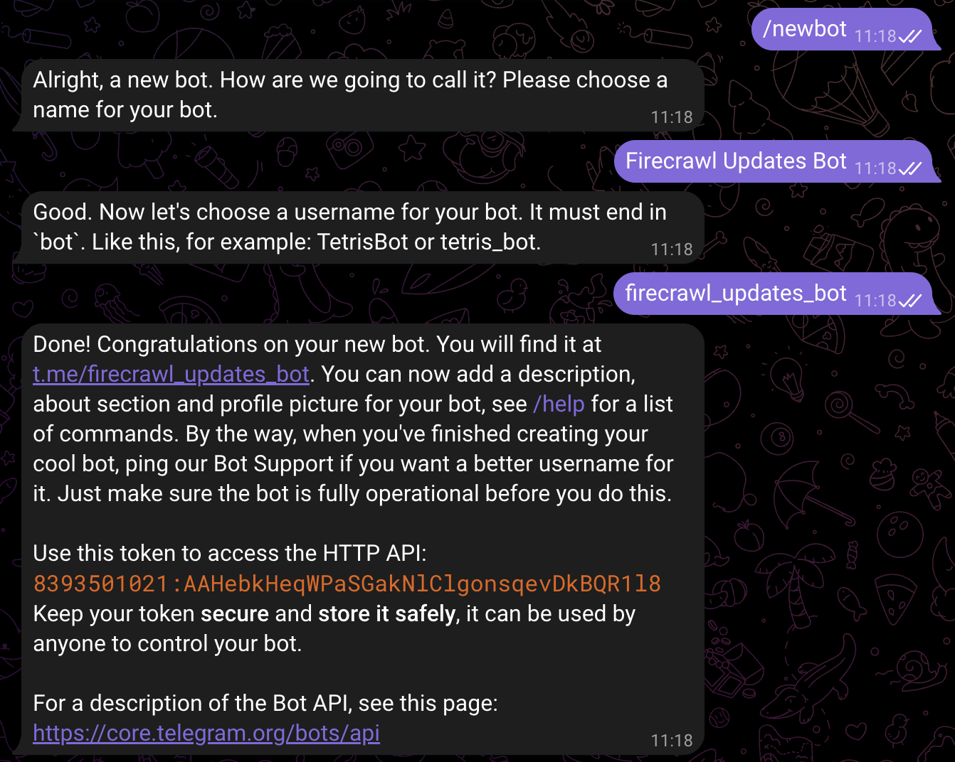 Creación de un bot con BotFather, mostrando todo el flujo de la conversación