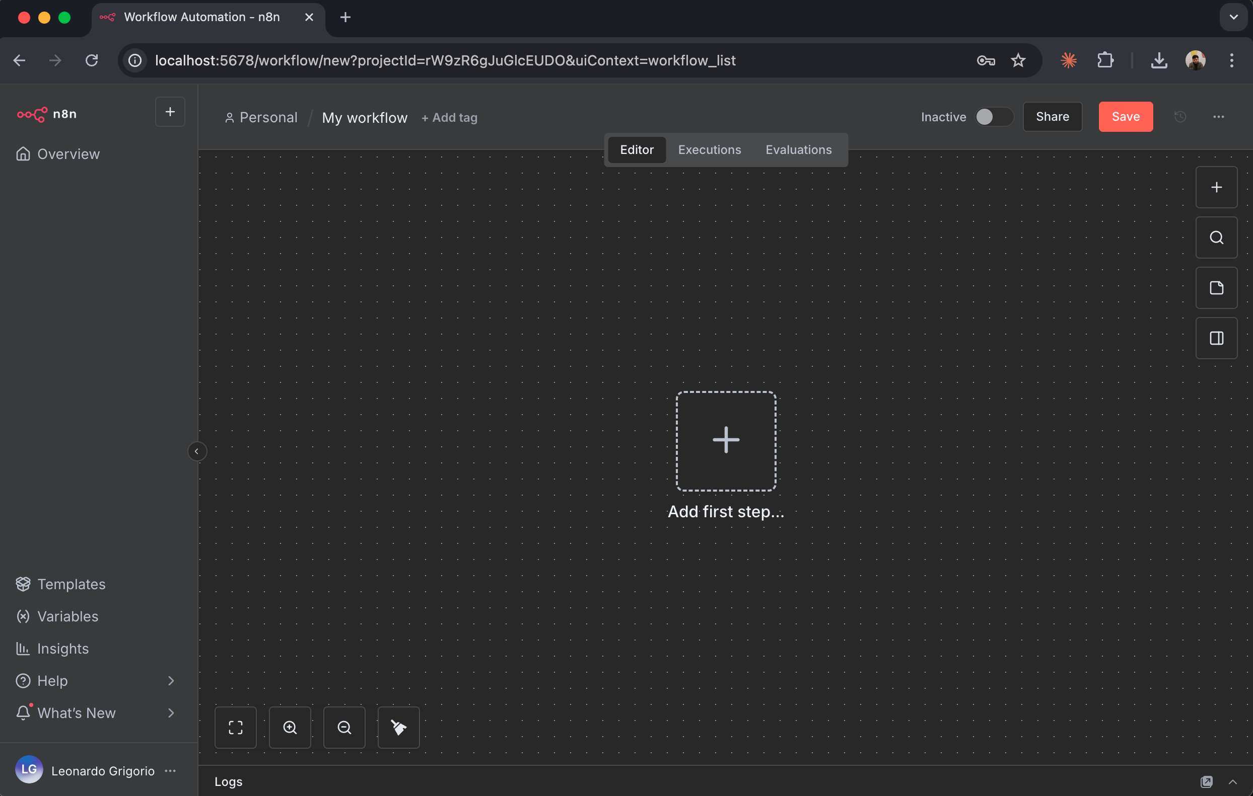 Canvas de workflow vazio do n8n com o botão "+" visível no centro