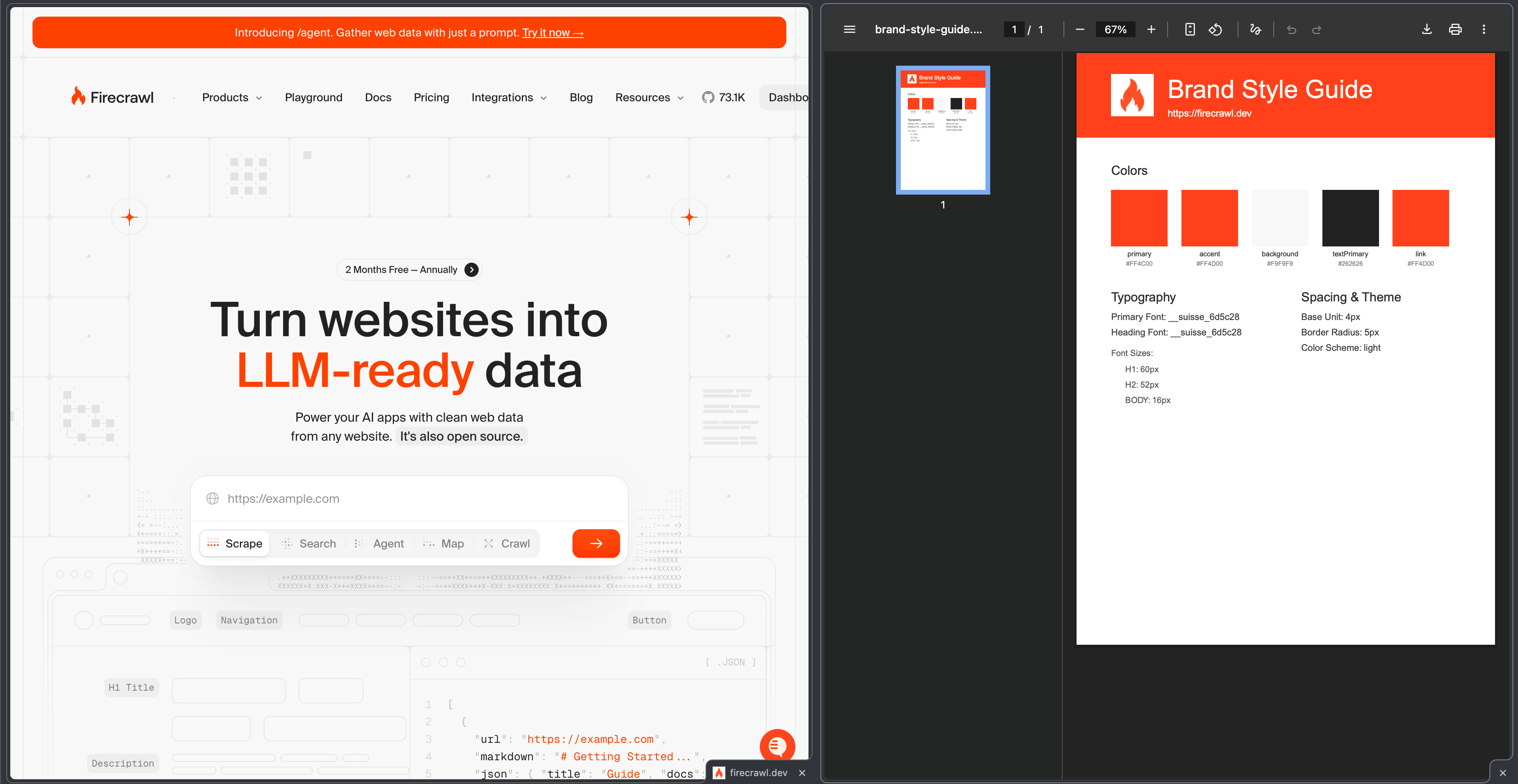 Comparaison côte à côte entre le site web d’origine et le PDF du guide de style de marque généré