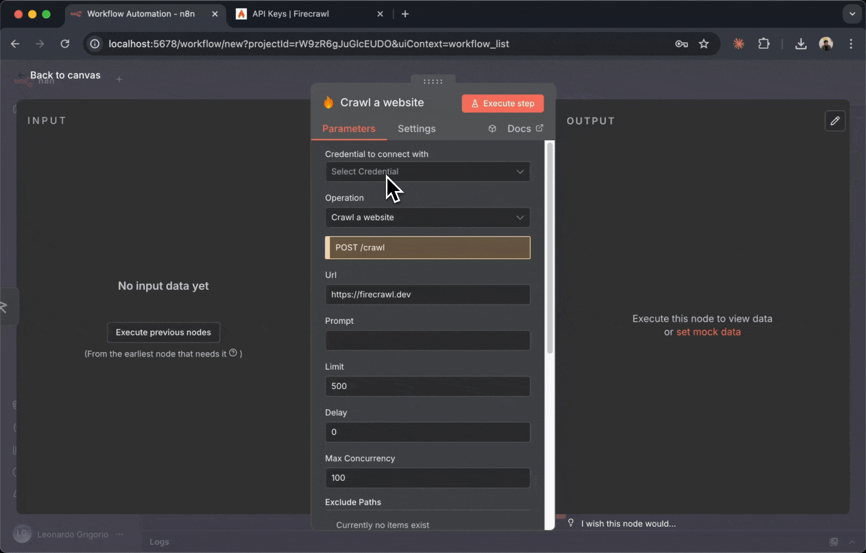 Firecrawl node configuration panel showing the credentials dropdown with "Create New Credential" option