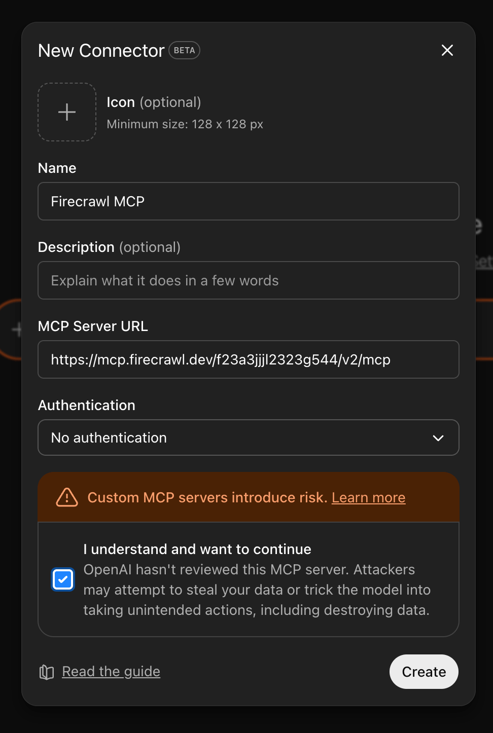 New Connector form filled out with Firecrawl MCP details